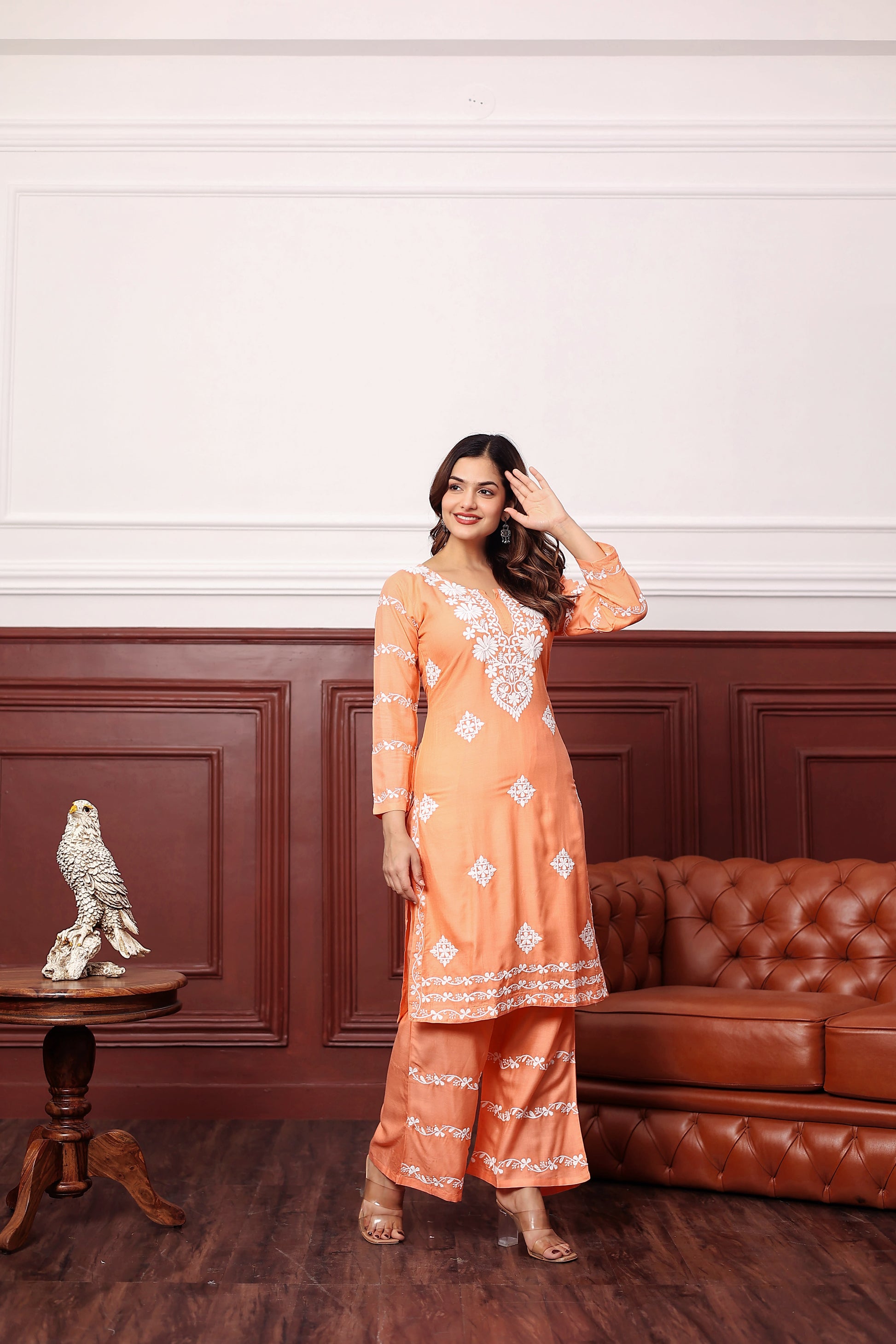 PEACH Women's rayon chikankari work straight kurta palazzo set for women