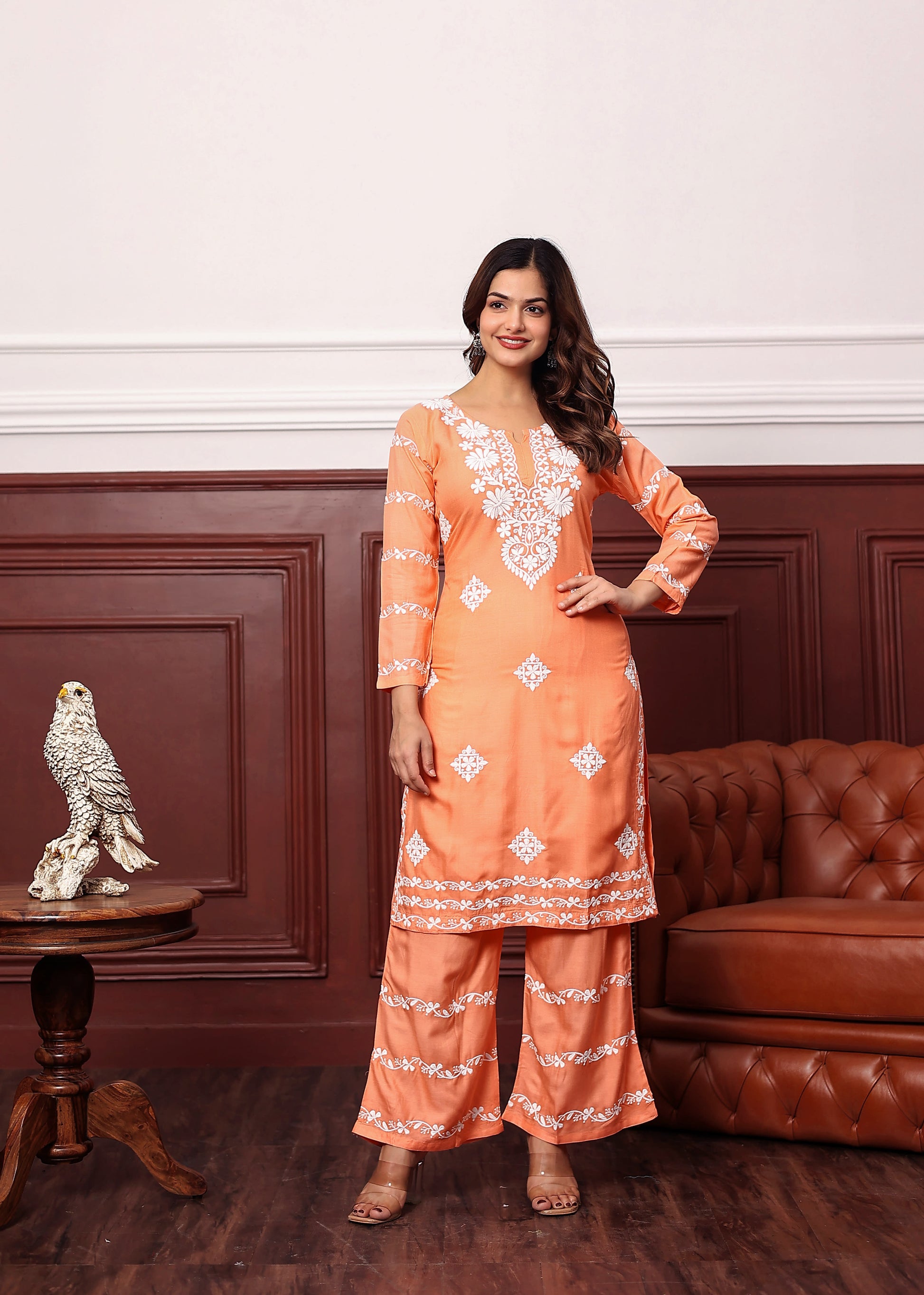 PEACH Women's rayon chikankari work straight kurta palazzo set for women