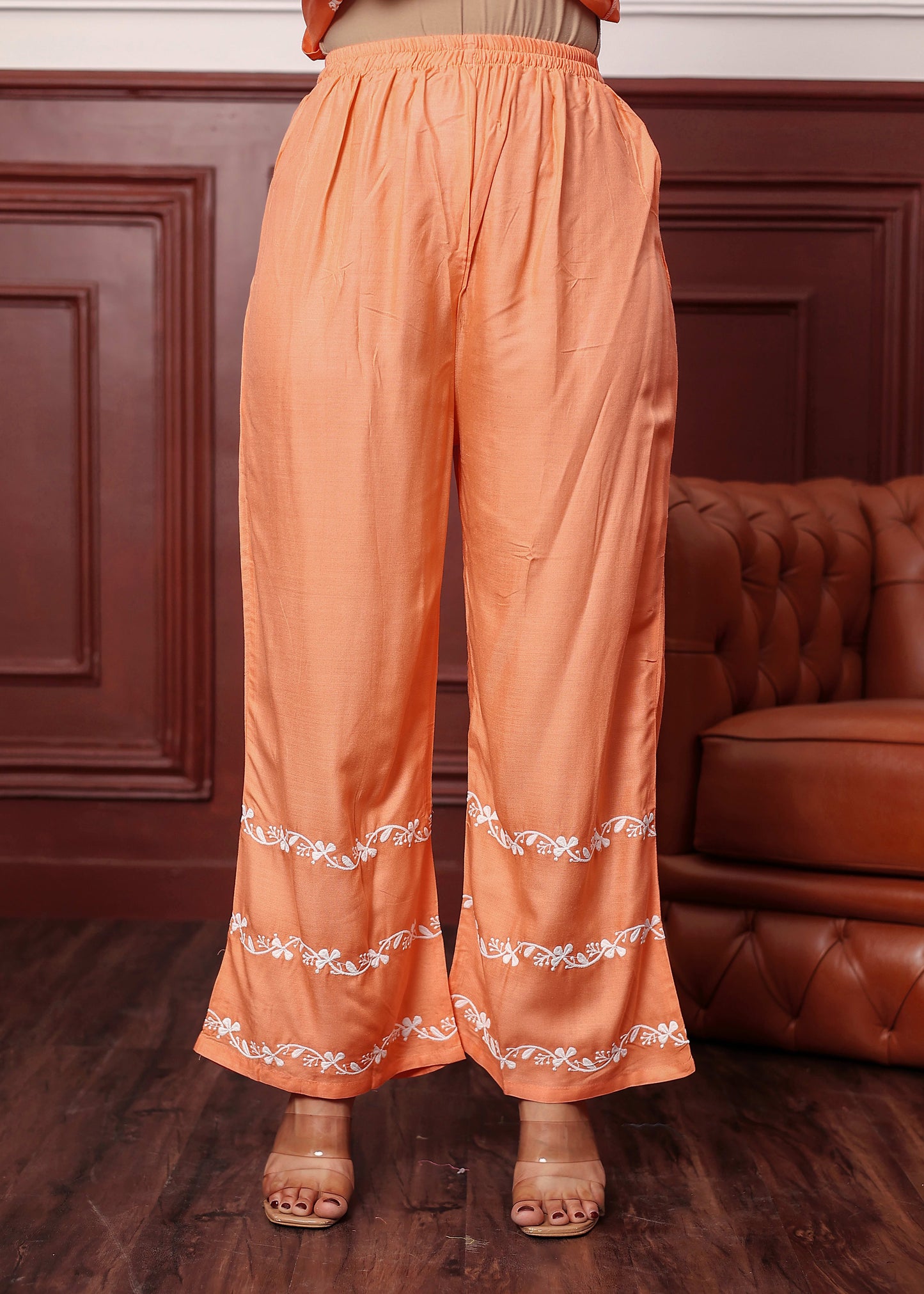 PEACH Women's rayon chikankari work straight kurta palazzo set for women