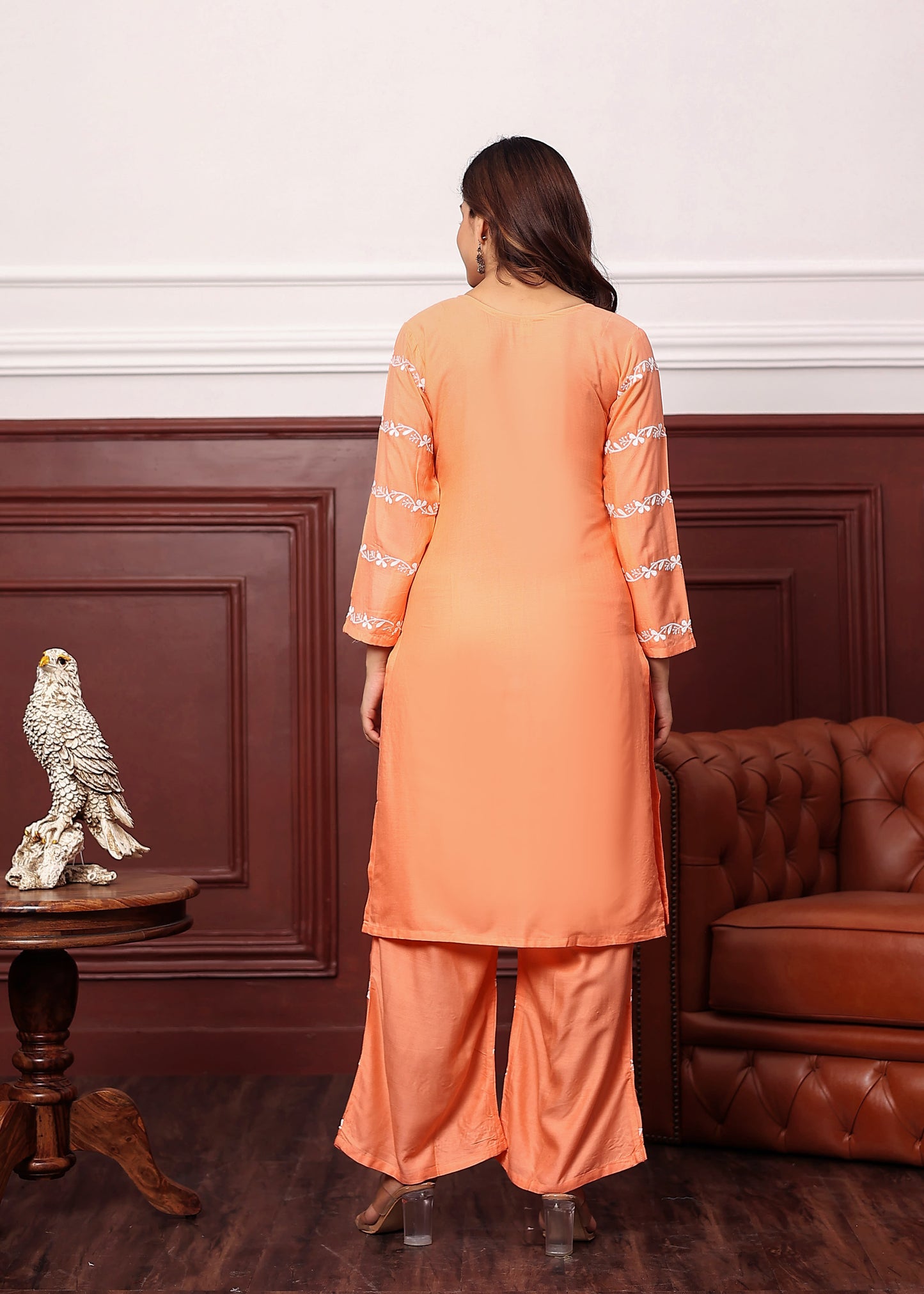 PEACH Women's rayon chikankari work straight kurta palazzo set for women