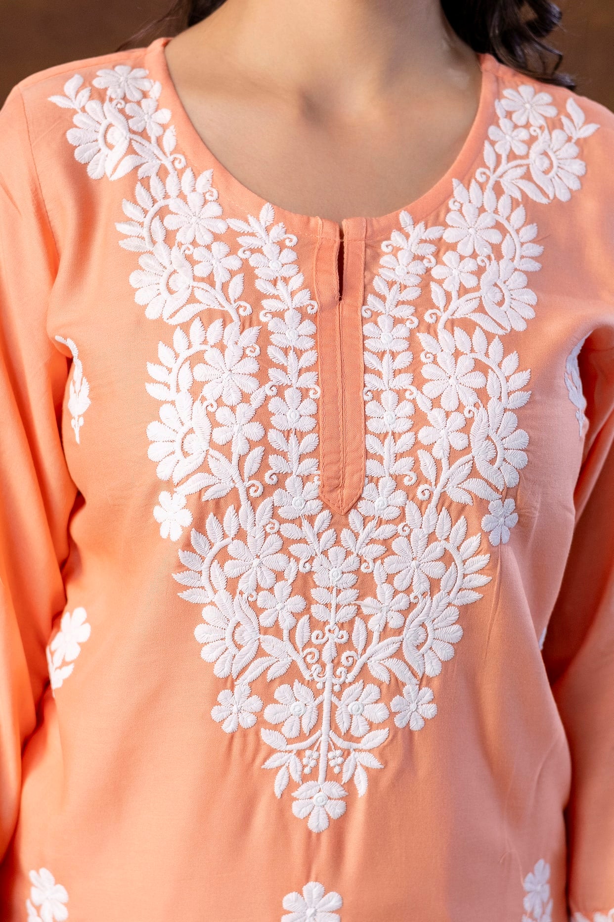 PEACH  Women Rayon Embroidered Kurta Set