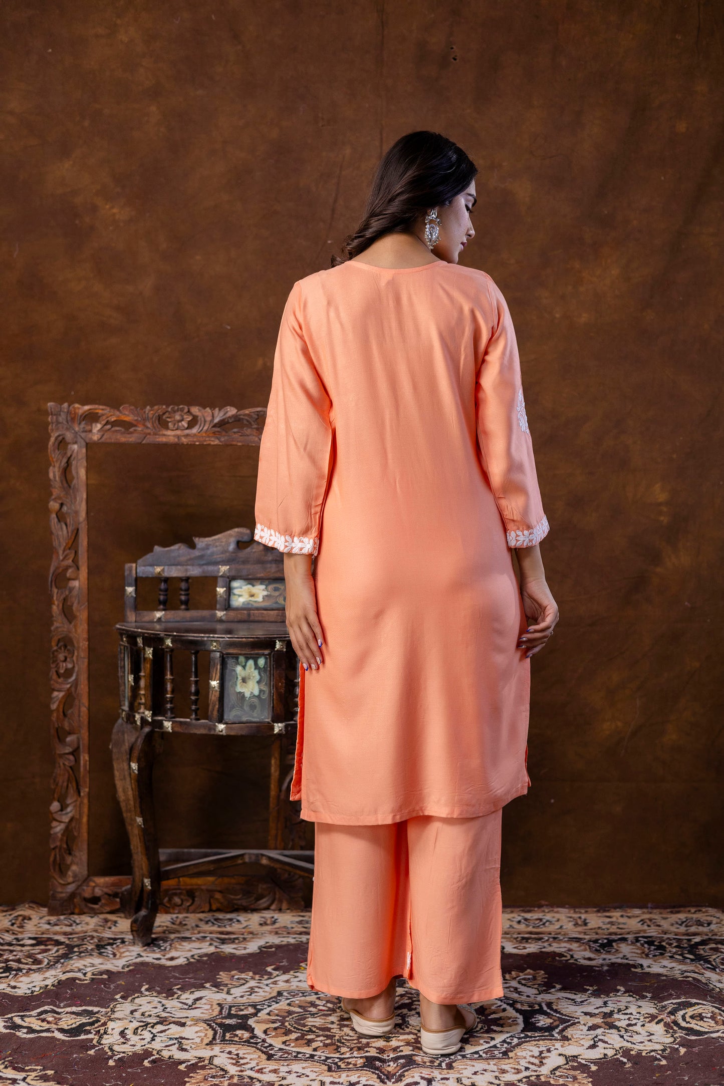 PEACH  Women Rayon Embroidered Kurta Set