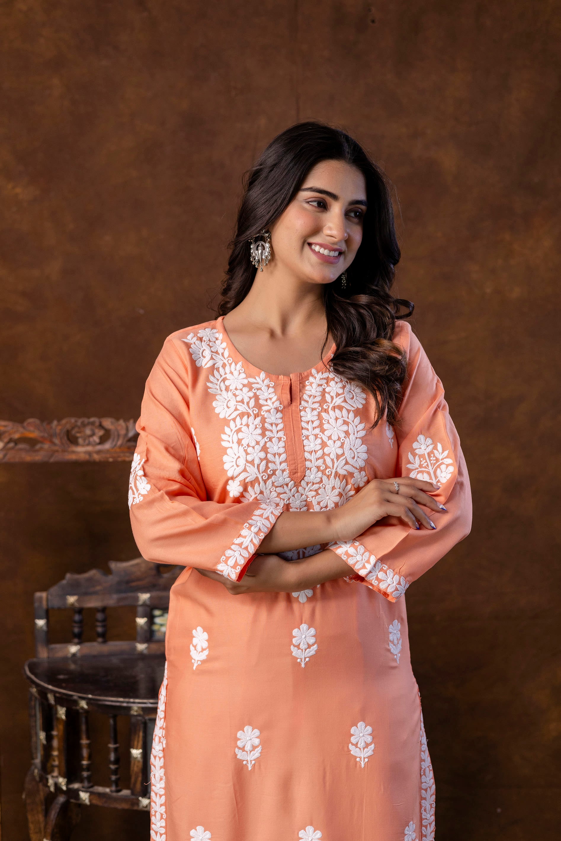 PEACH  Women Rayon Embroidered Kurta Set
