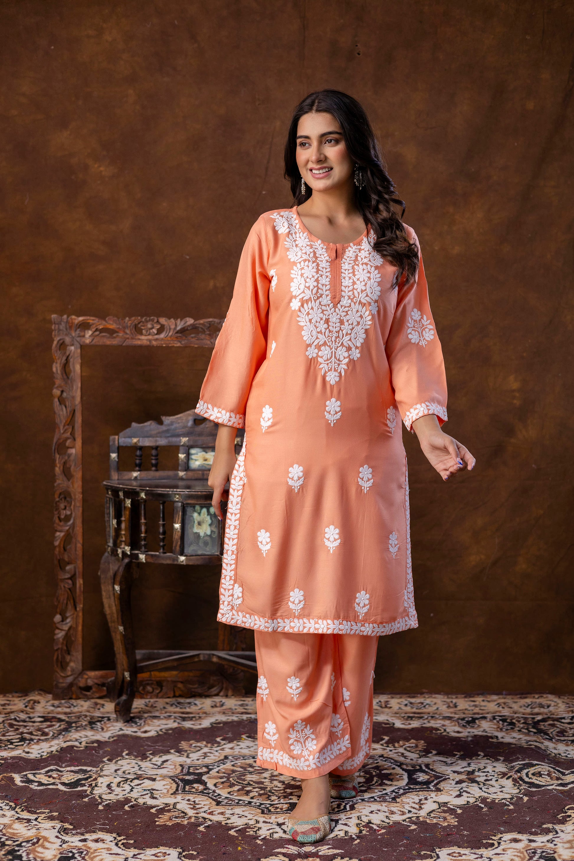 PEACH  Women Rayon Embroidered Kurta Set