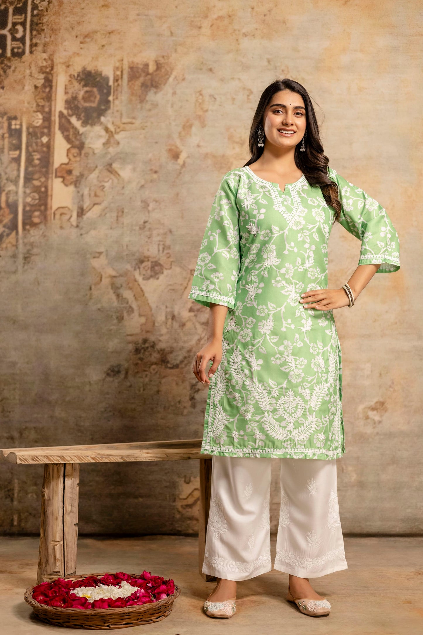 PEROT Women's Cotton Blend Chikankari Embroidered Straight Kurta Set
