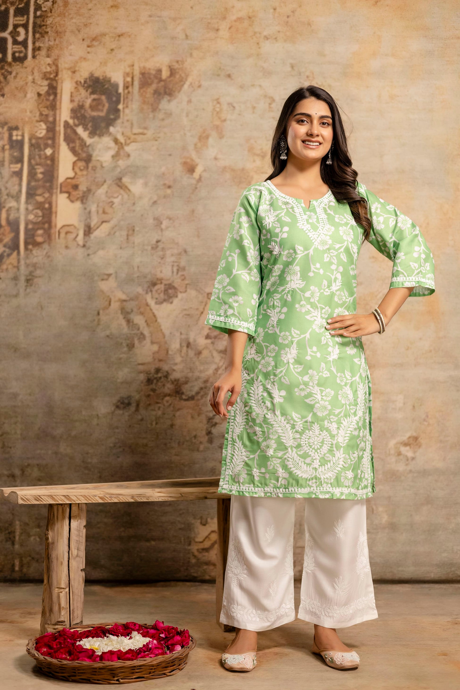 PEROT Women's Cotton Blend Chikankari Embroidered Straight Kurta Set
