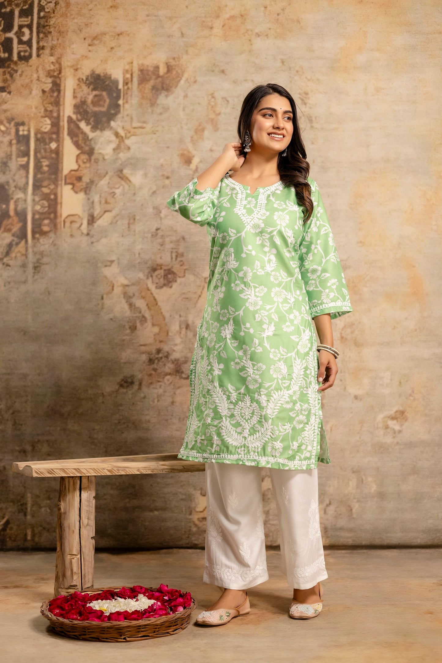 PEROT Women's Cotton Blend Chikankari Embroidered Straight Kurta Set