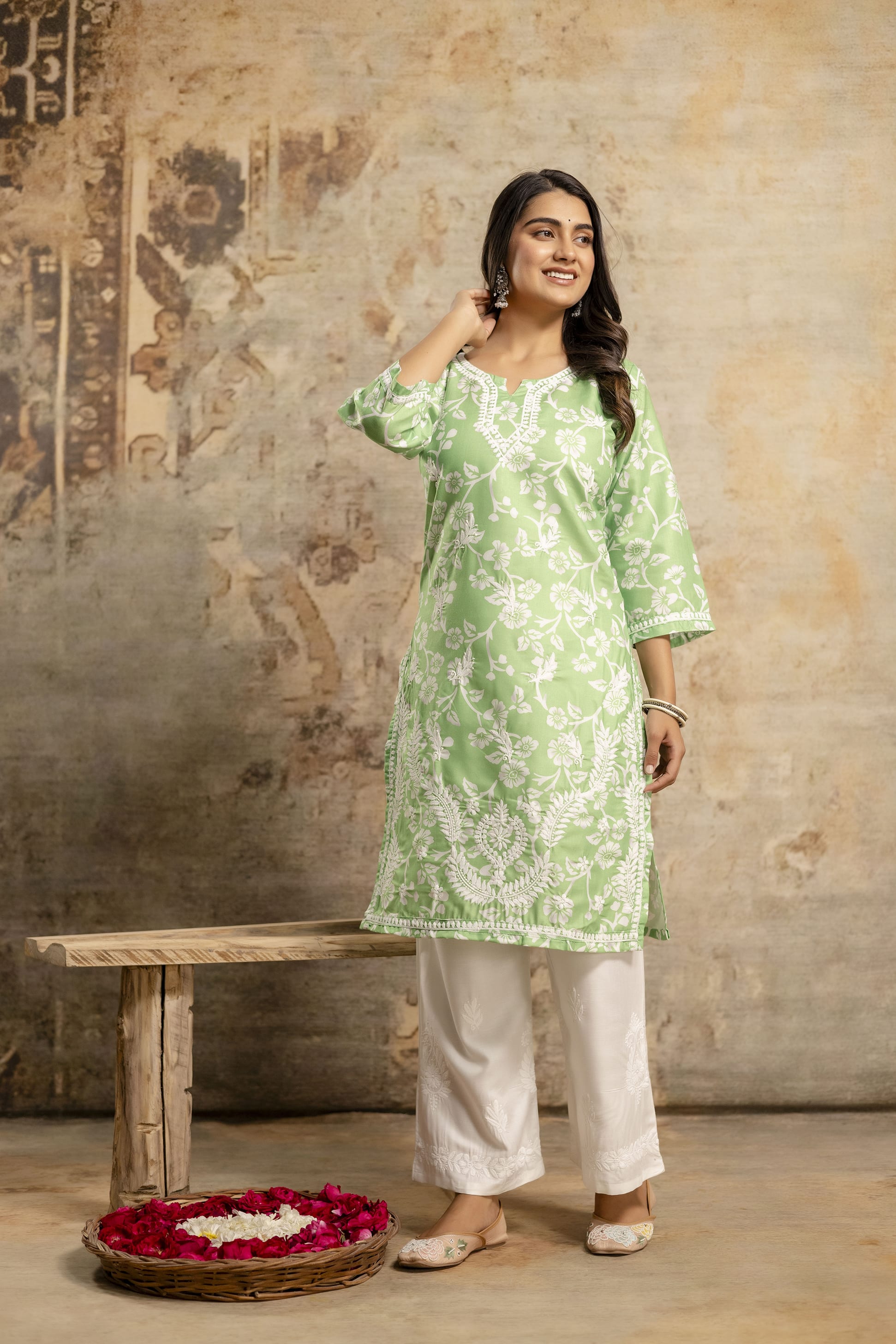 PEROT Women's Cotton Blend Chikankari Embroidered Straight Kurta Set