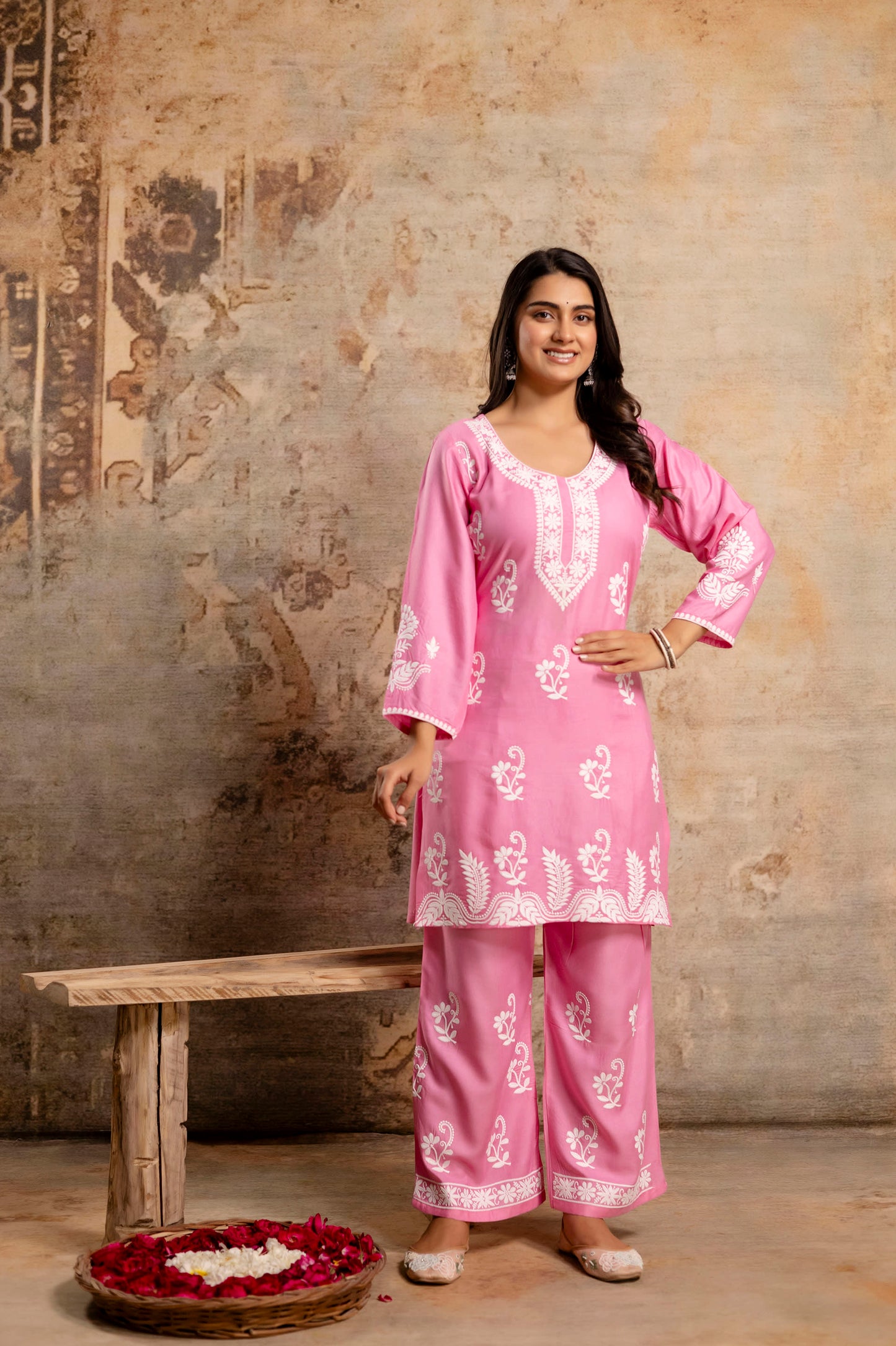 PINK Women Rayon Ethnic Top Plazzo Set