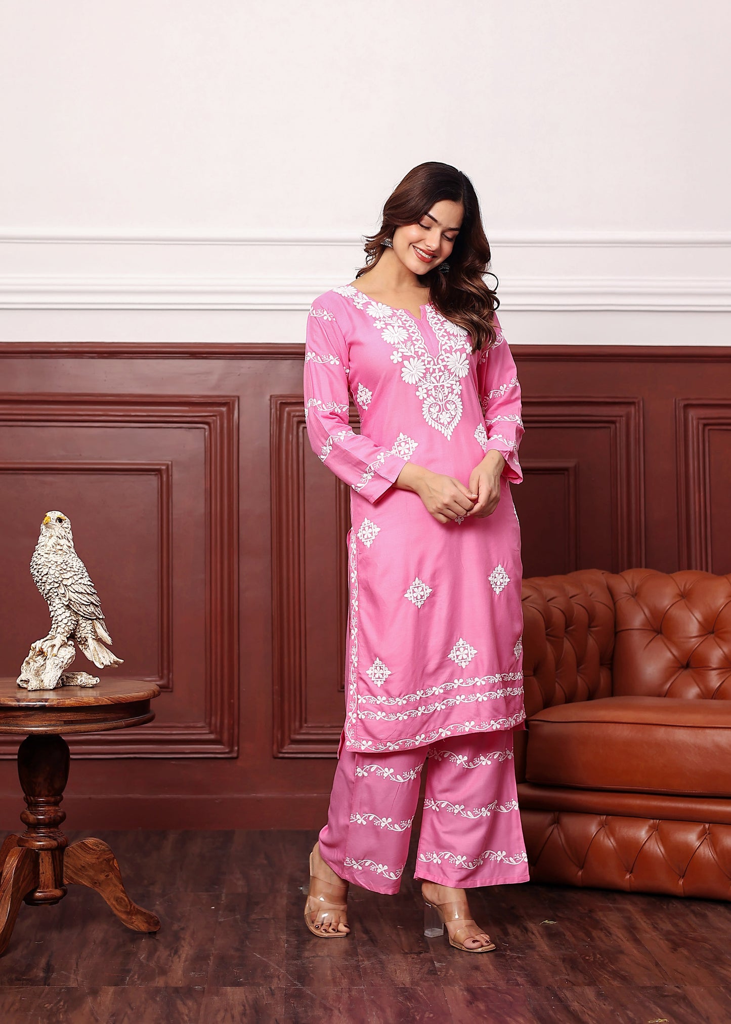 PINK Women's rayon chikankari work straight kurta palazzo set for women