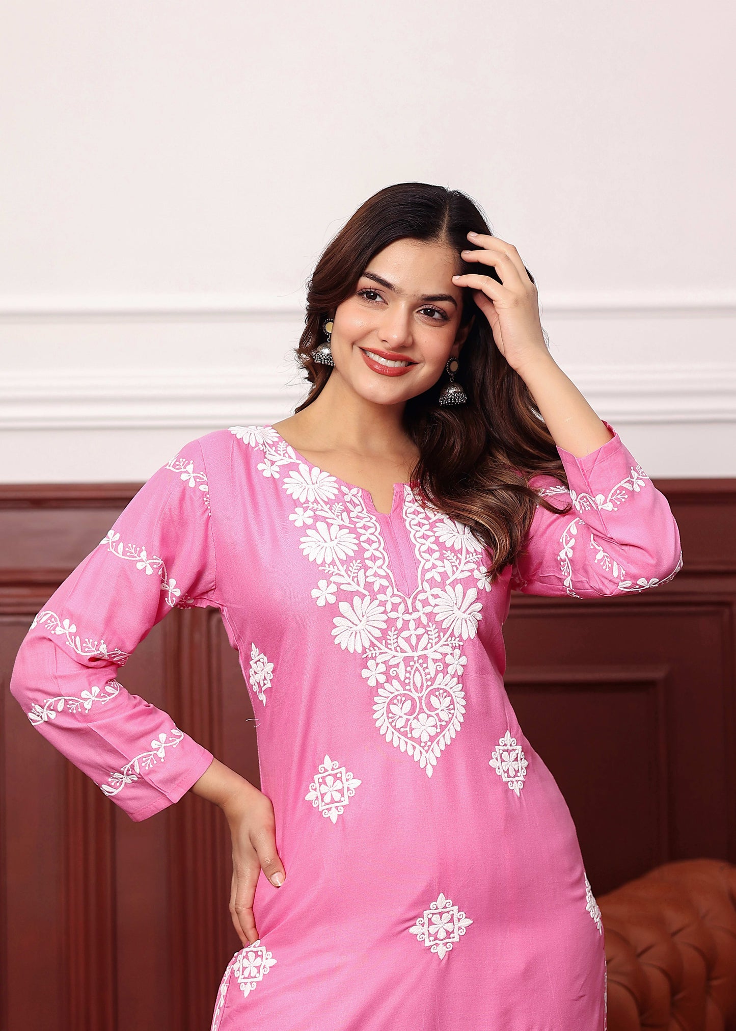 PINK Women's rayon chikankari work straight kurta palazzo set for women