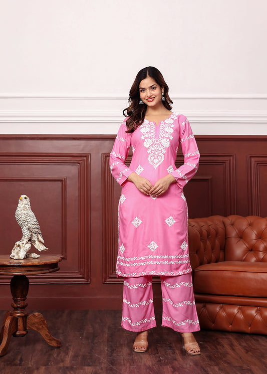 PINK Women's rayon chikankari work straight kurta palazzo set for women