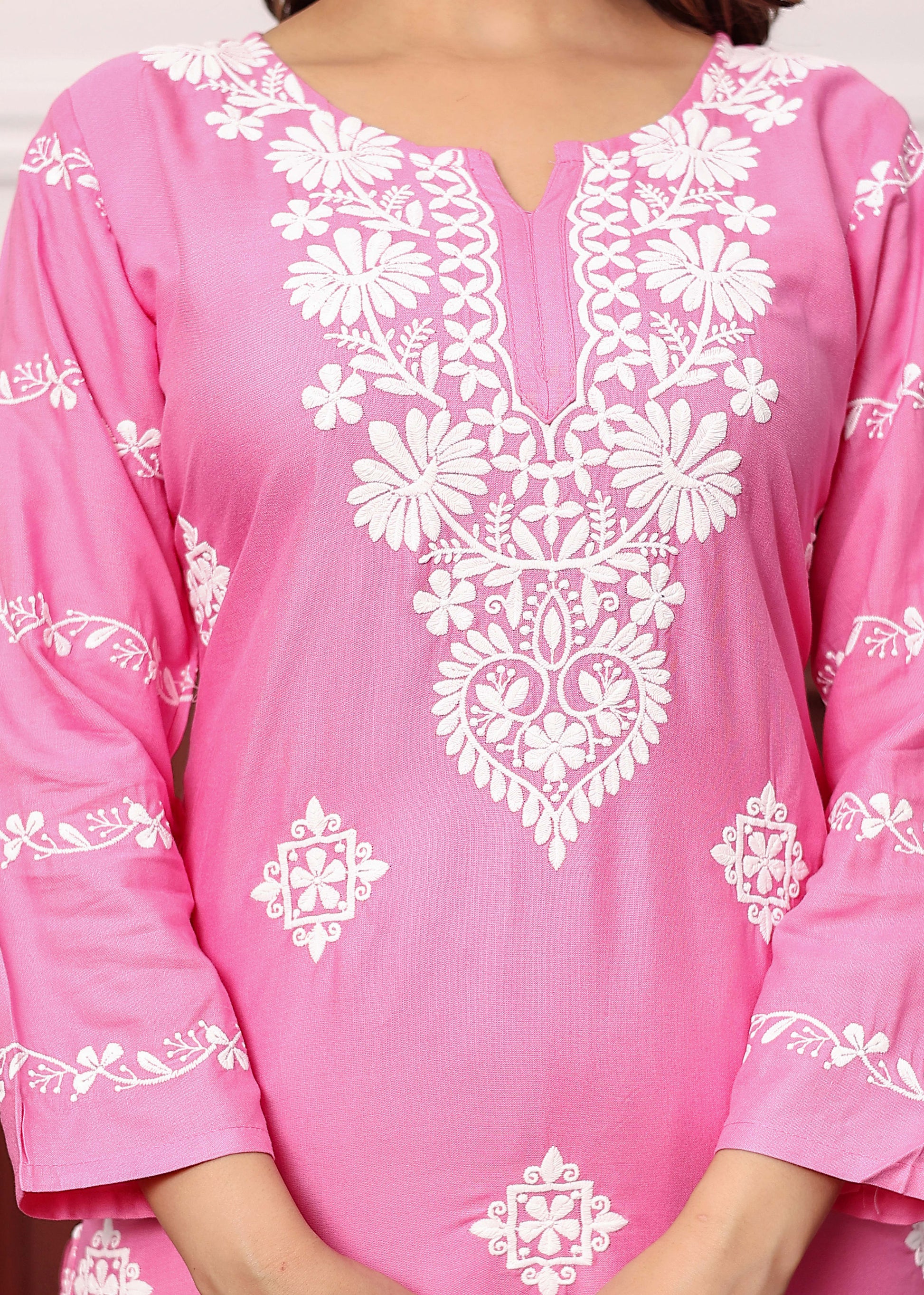 PINK Women's rayon chikankari work straight kurta palazzo set for women