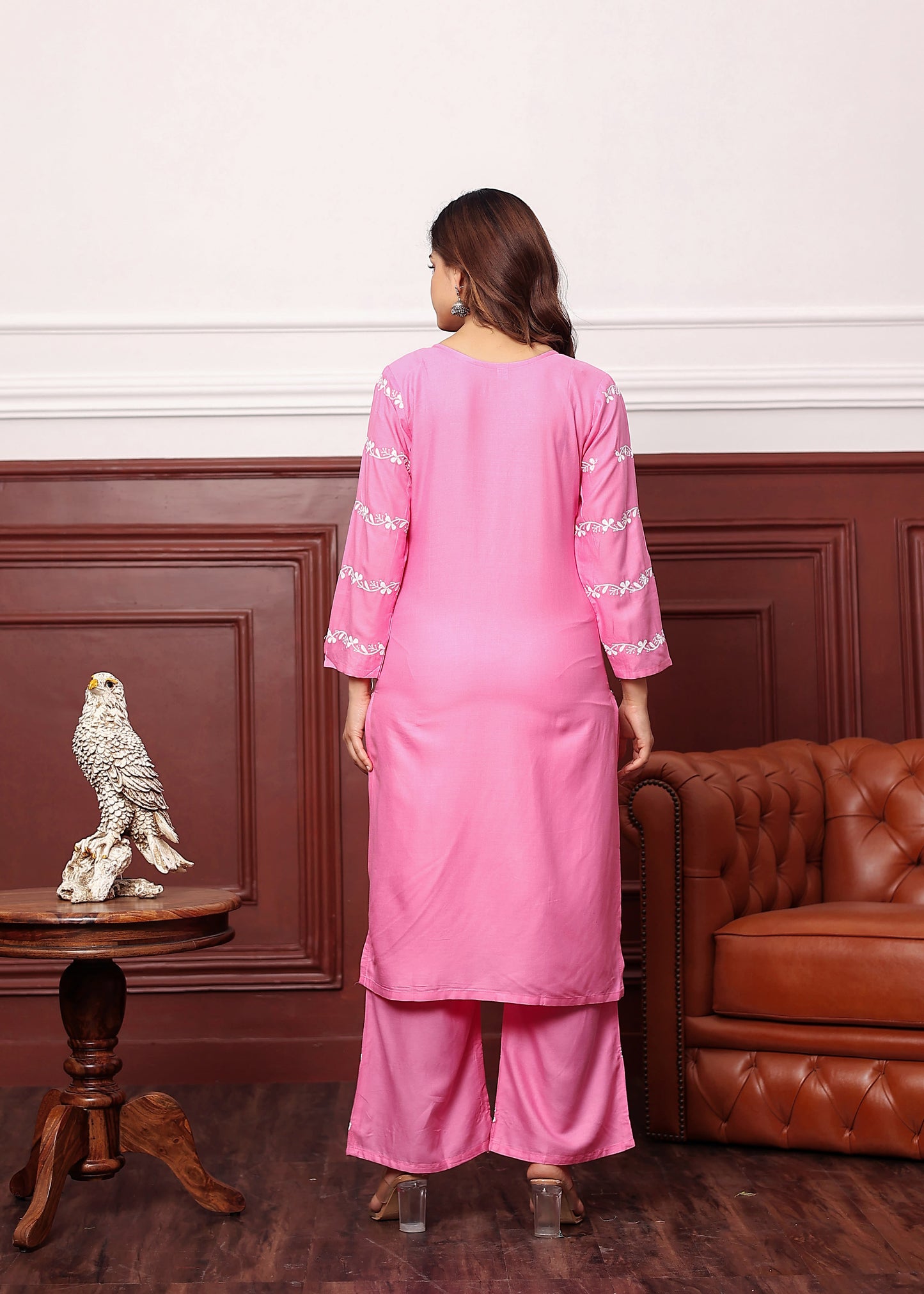 PINK Women's rayon chikankari work straight kurta palazzo set for women