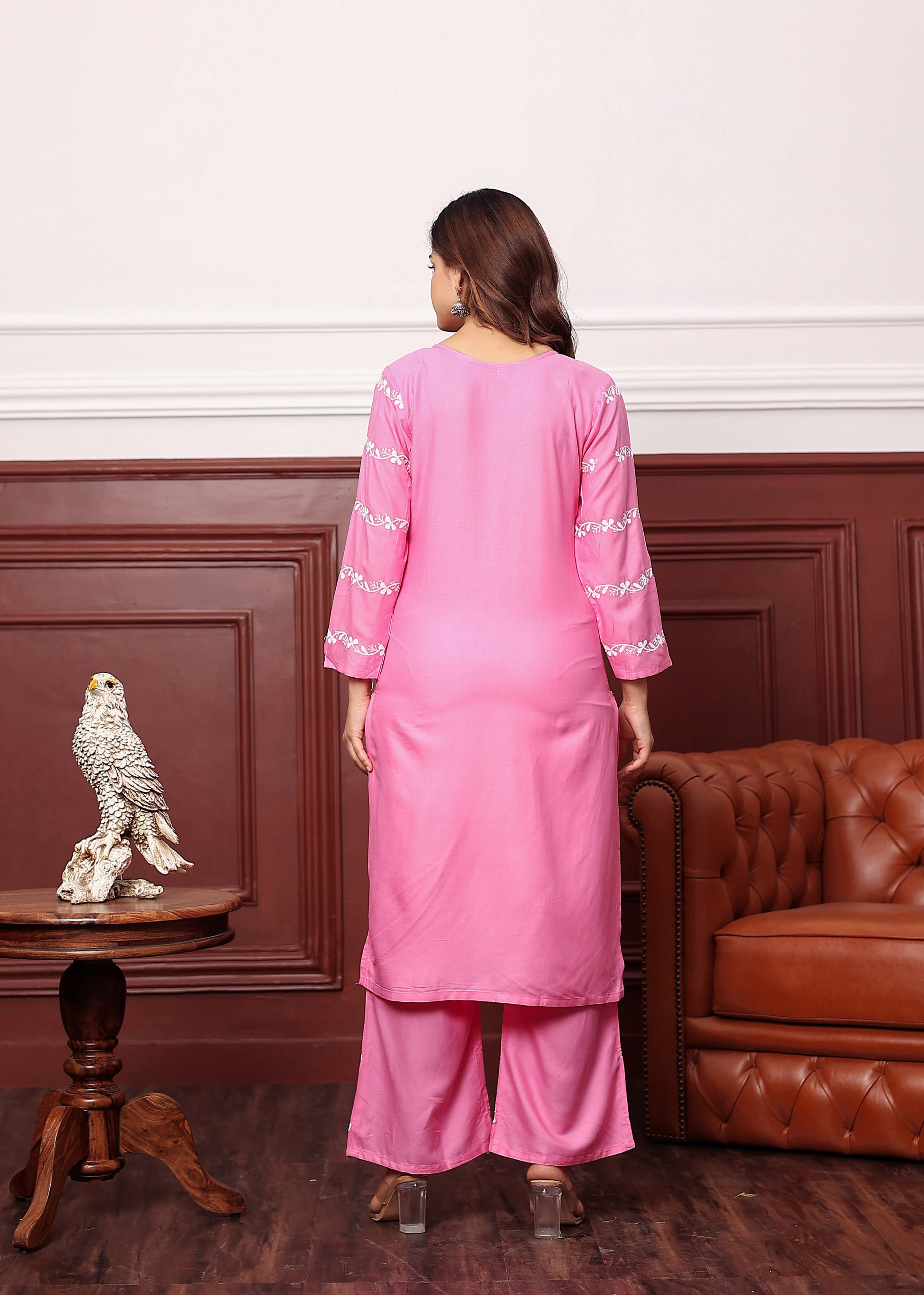 PINK Women's rayon chikankari work straight kurta palazzo set for women