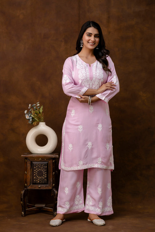 PINK  Women Rayon Embroidered Kurta Set