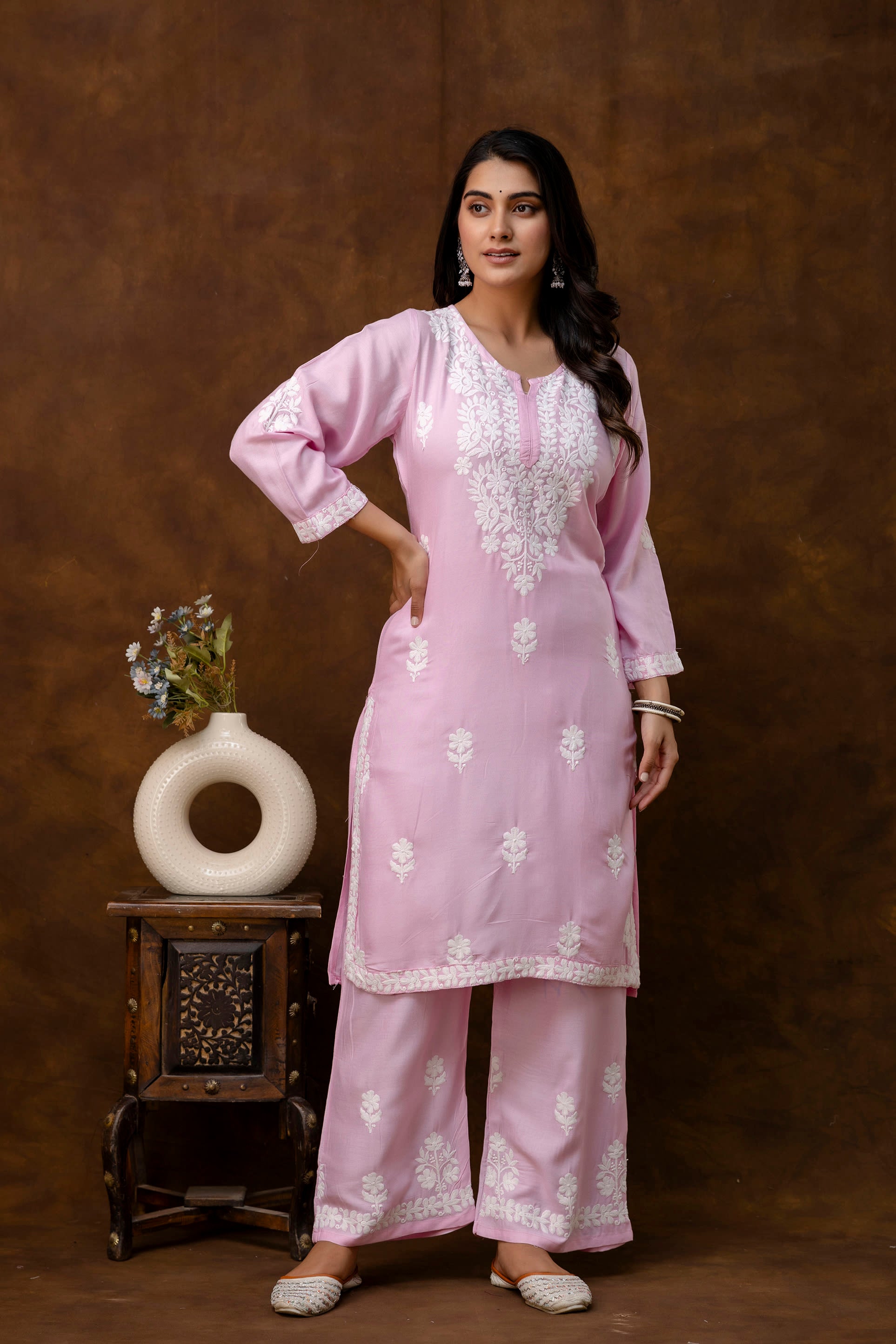 PINK  Women Rayon Embroidered Kurta Set