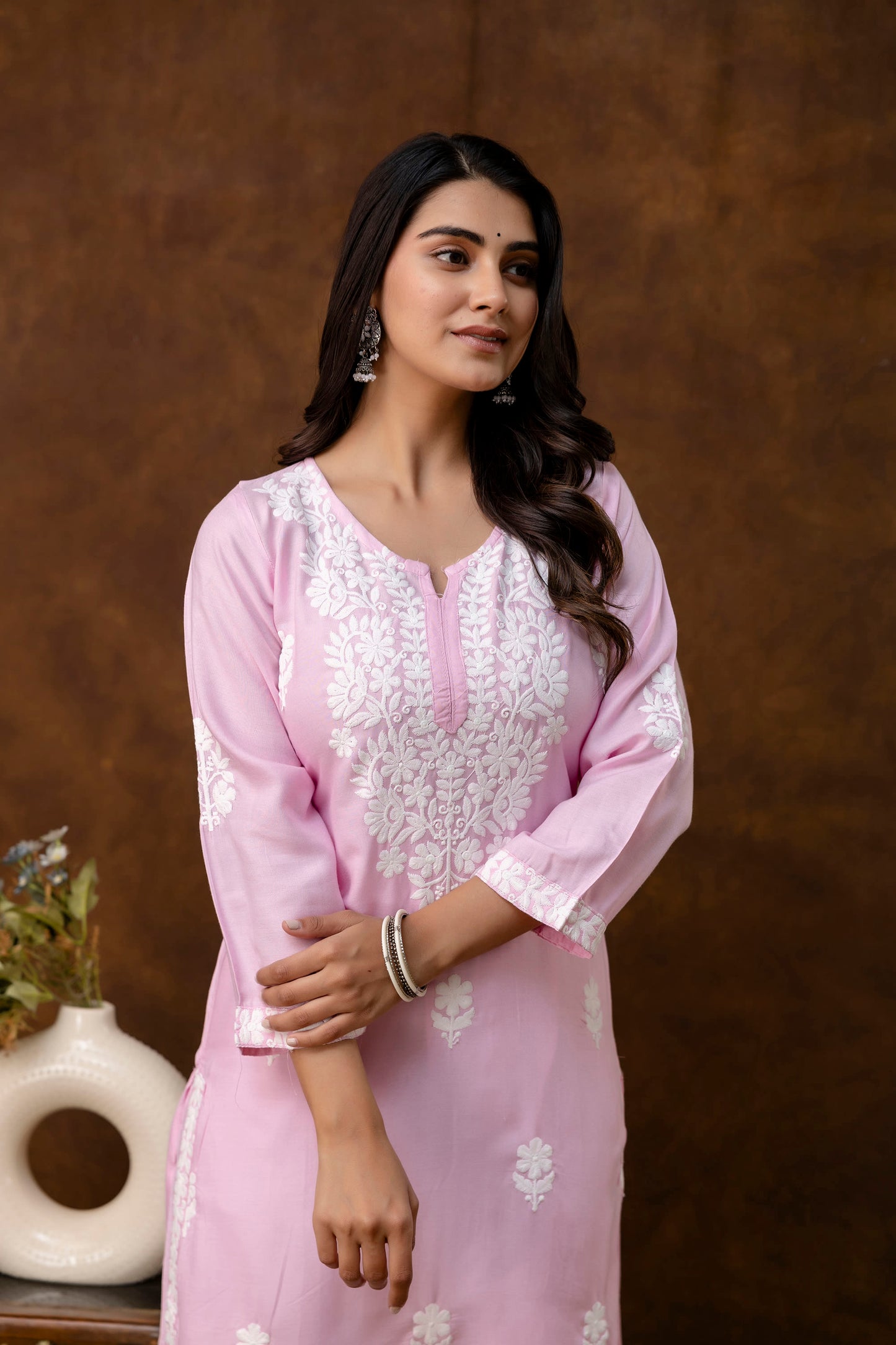 PINK  Women Rayon Embroidered Kurta Set