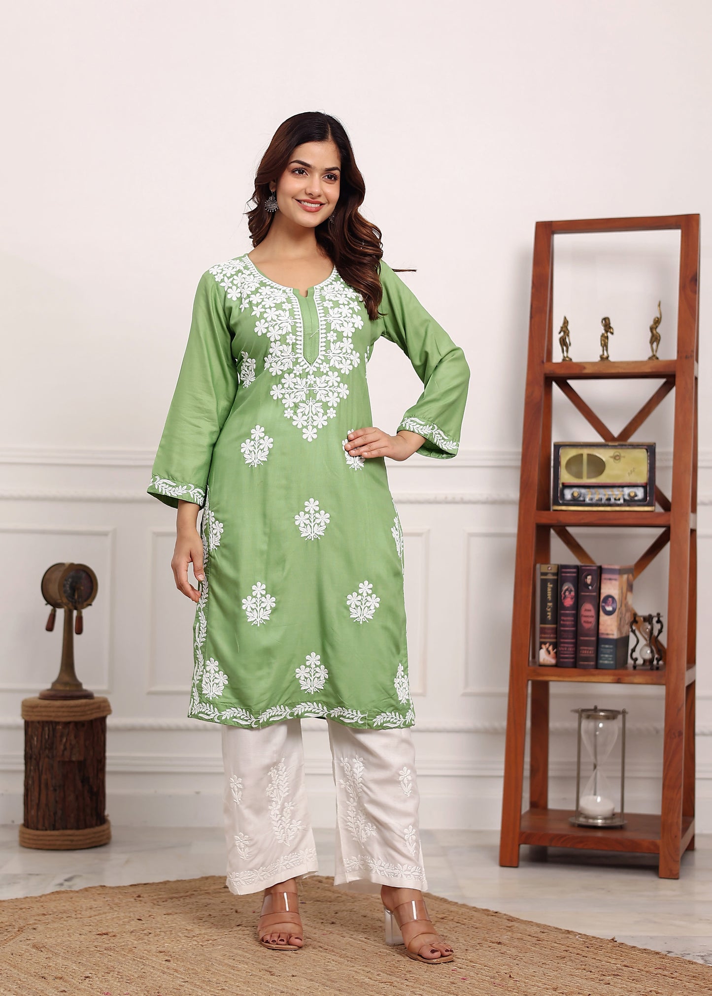 PISTA Chikan Kurta for Women Rayon Straight Chikankari Kurti And White Plazo Set