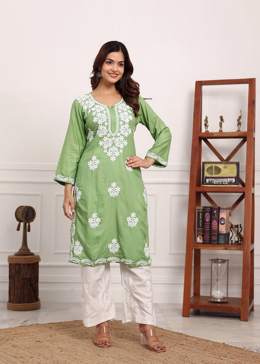 PISTA Chikan Kurta for Women Rayon Straight Chikankari Kurti And White Plazo Set