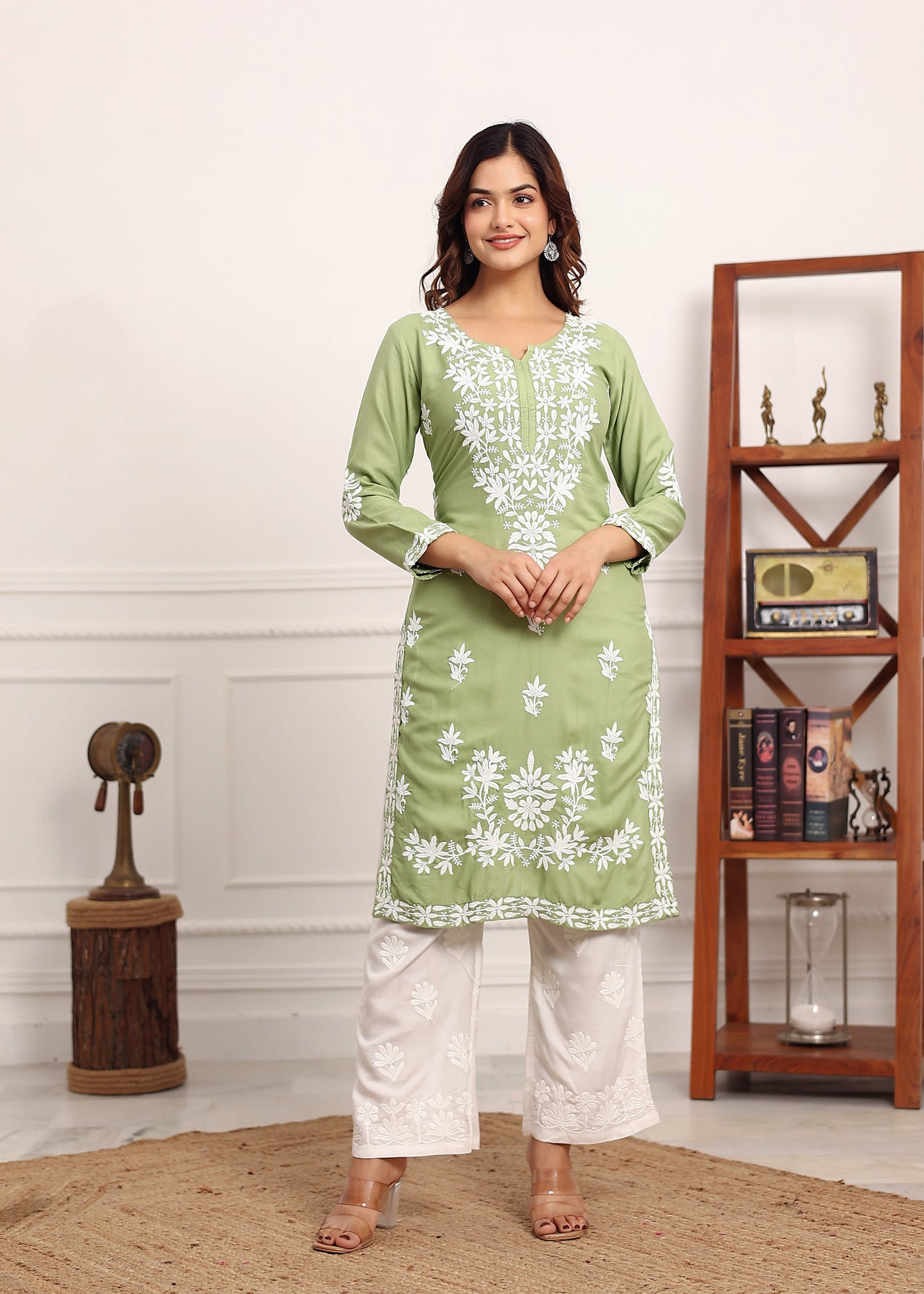 PISTA Elegant Chikankari Below Knee Length Kurti Plazo Set Perfect For All Occasion