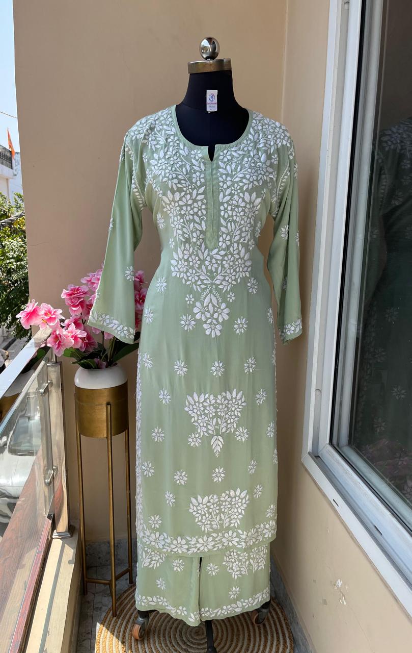 PISTA Long Chikankari Work Latest Rayon kurti wirh plazo set