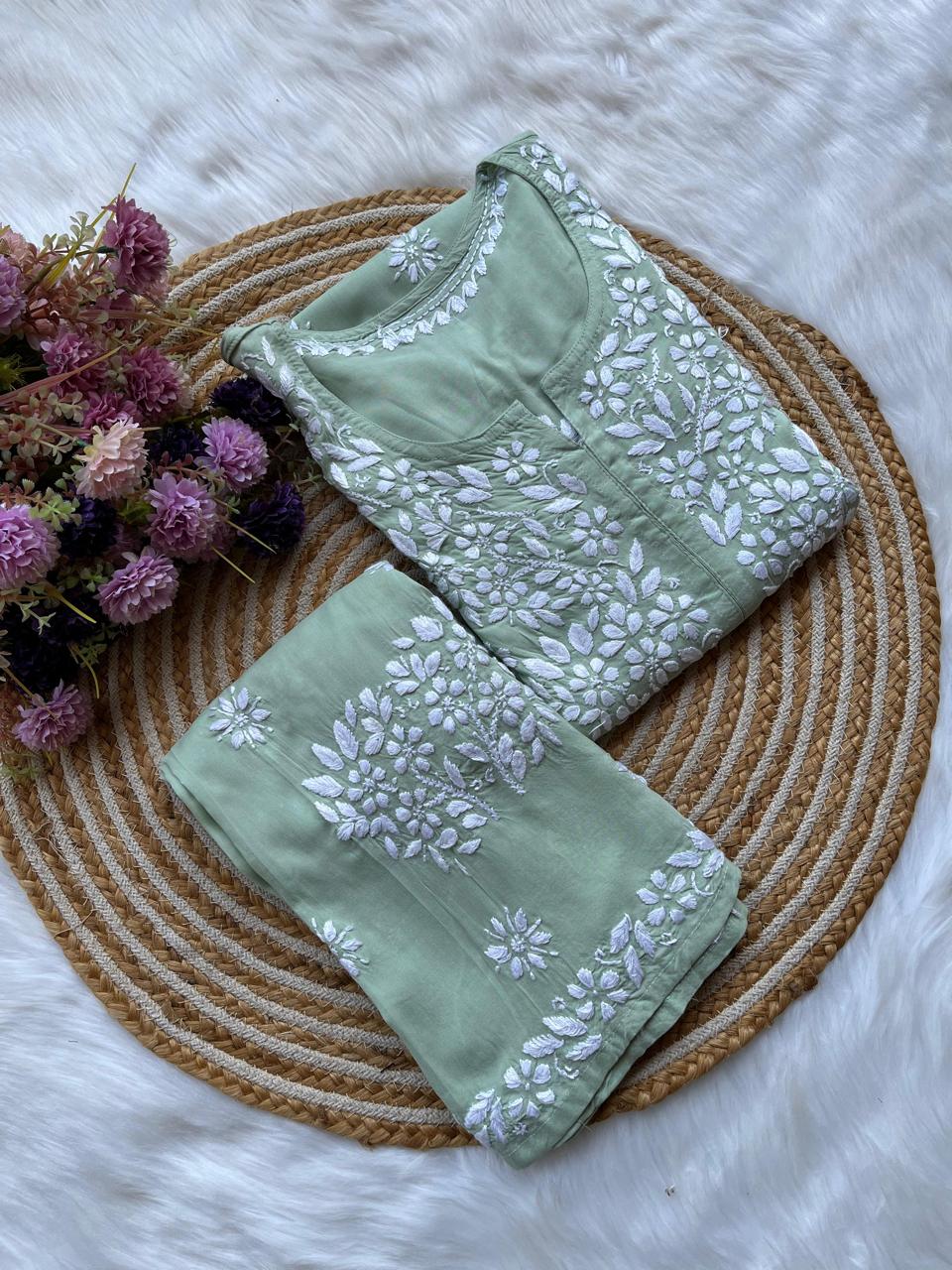 PISTA Long Chikankari Work Latest Rayon kurti wirh plazo set