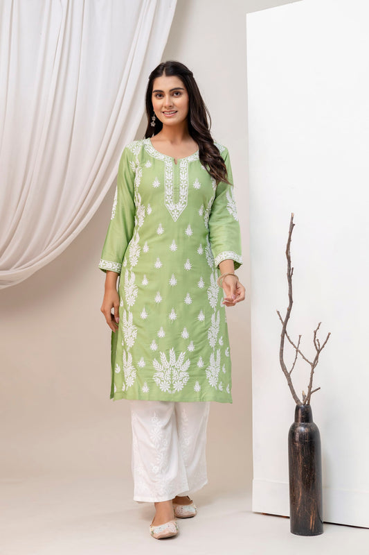 PISTA Women Embroidered Chikankari Modal Kurta Set