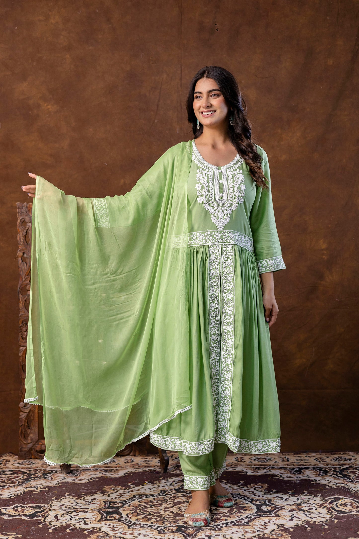 PISTA Women Embroidered Fashionable Printed || Naira Cut Kurta, Pant and Dupatta Set for Wedding, Party & Festivals