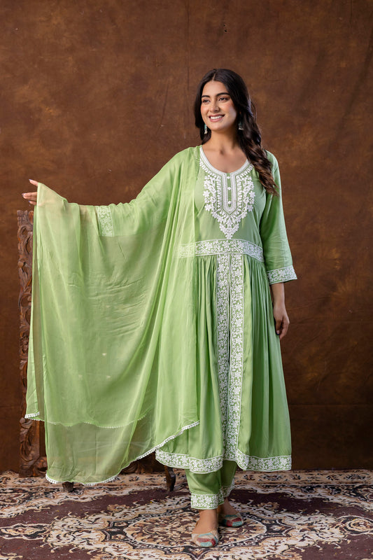 PISTA Women Embroidered Fashionable Printed || Naira Cut Kurta, Pant and Dupatta Set for Wedding, Party & Festivals