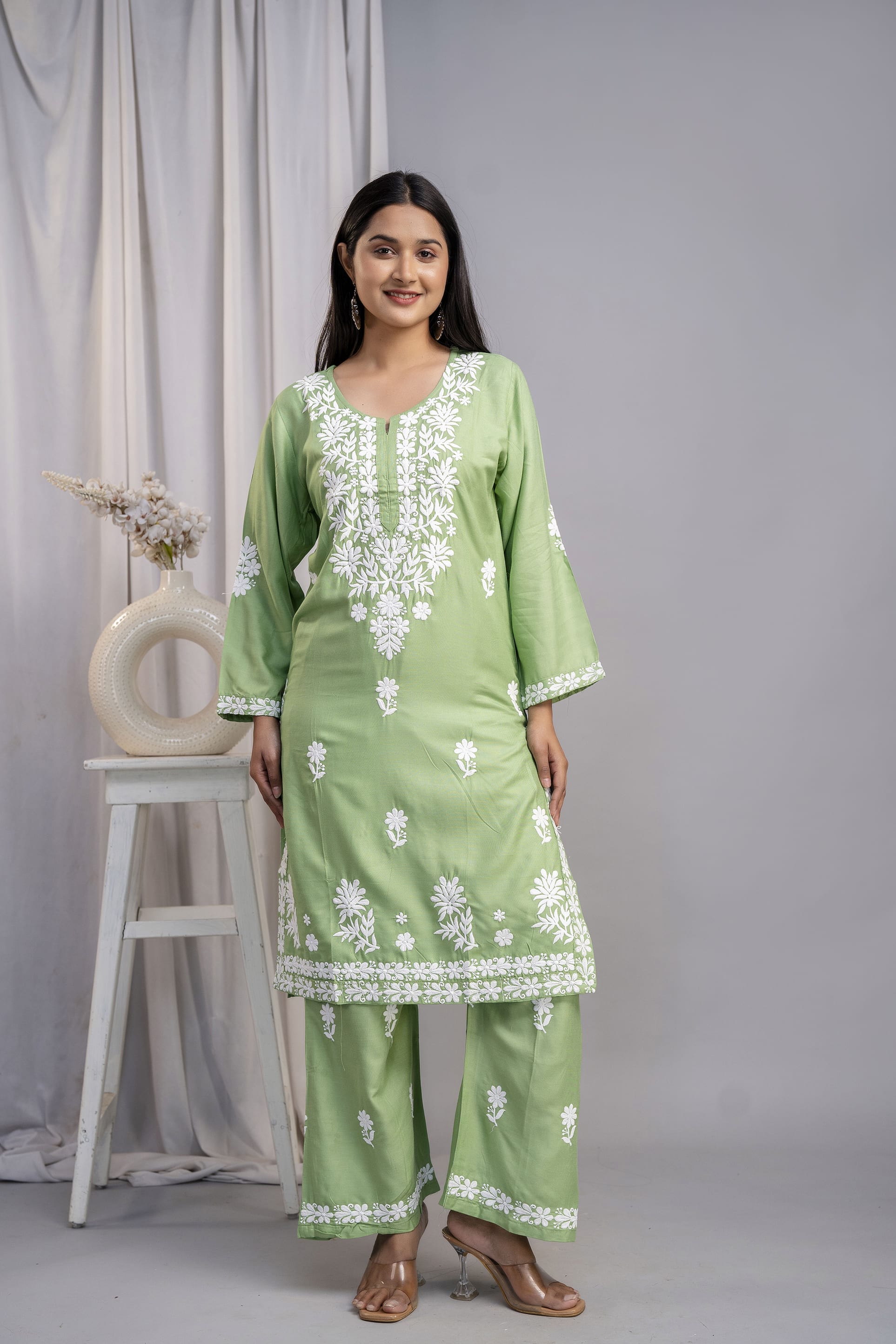 PISTA Women's Exclusive Kurti & Palazzo Set on Pure Rayon Fabric Chikan Suit