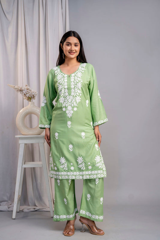 PISTA Women's Exclusive Kurti & Palazzo Set on Pure Rayon Fabric Chikan Suit