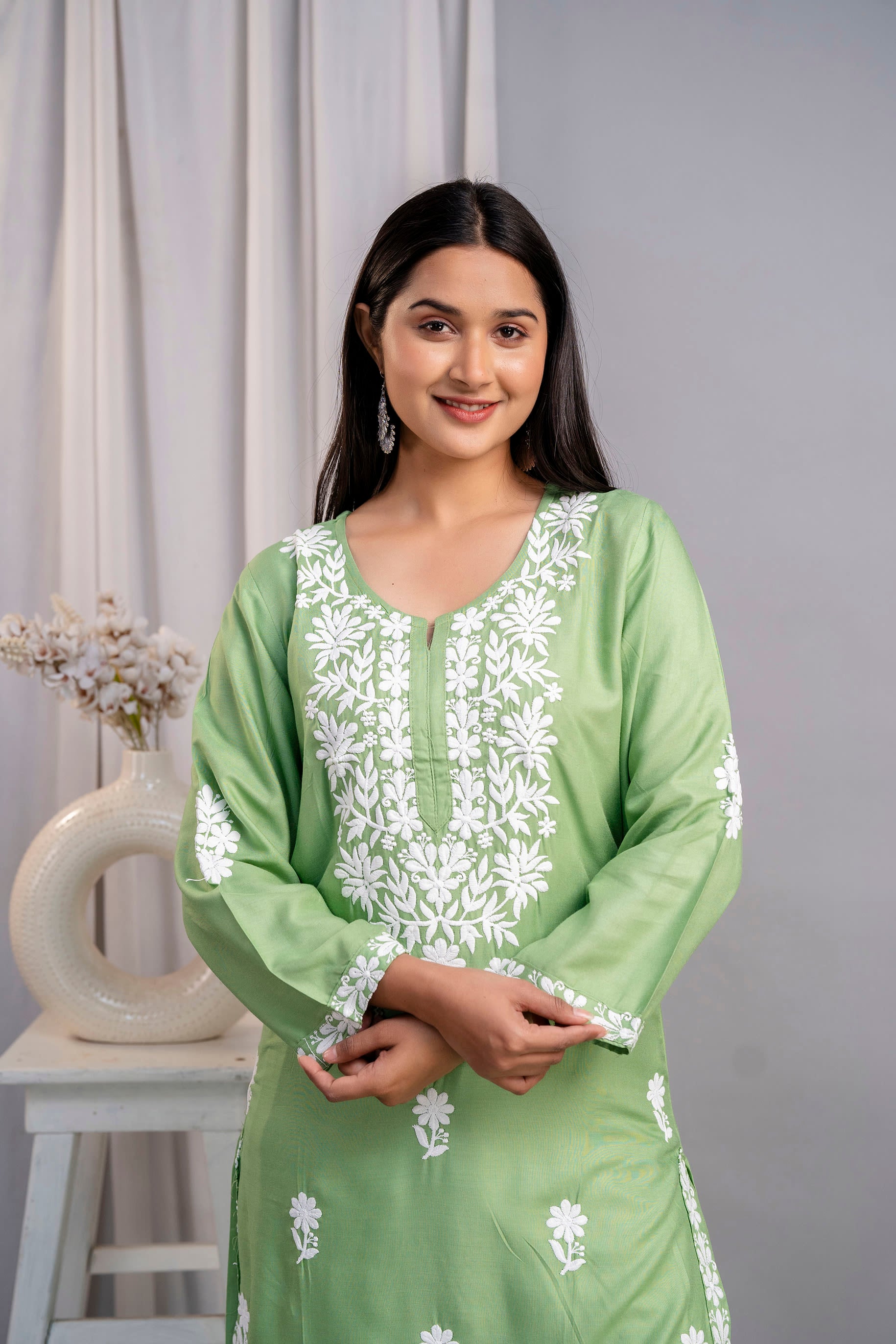 PISTA Women's Exclusive Kurti & Palazzo Set on Pure Rayon Fabric Chikan Suit
