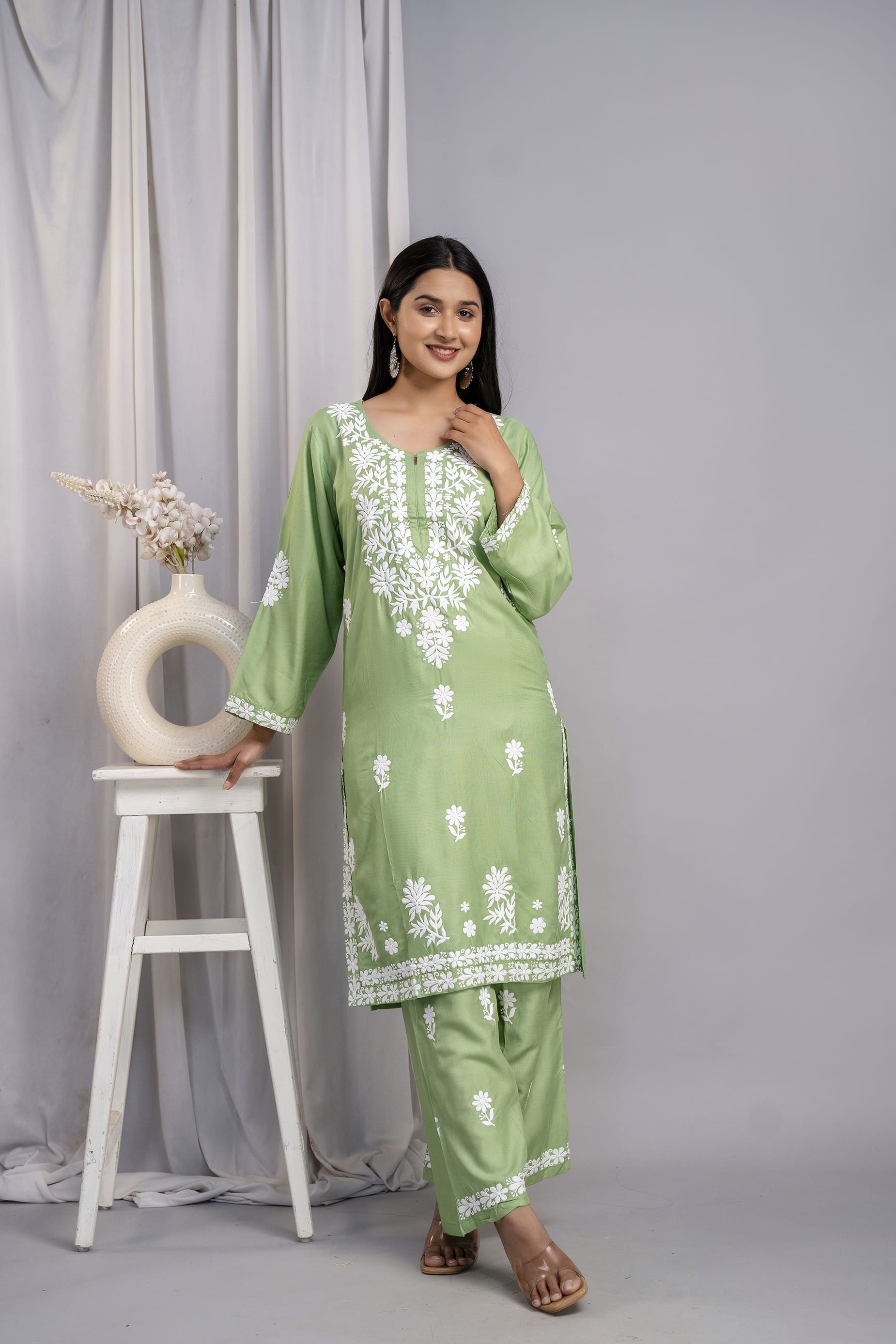 PISTA Women's Exclusive Kurti & Palazzo Set on Pure Rayon Fabric Chikan Suit