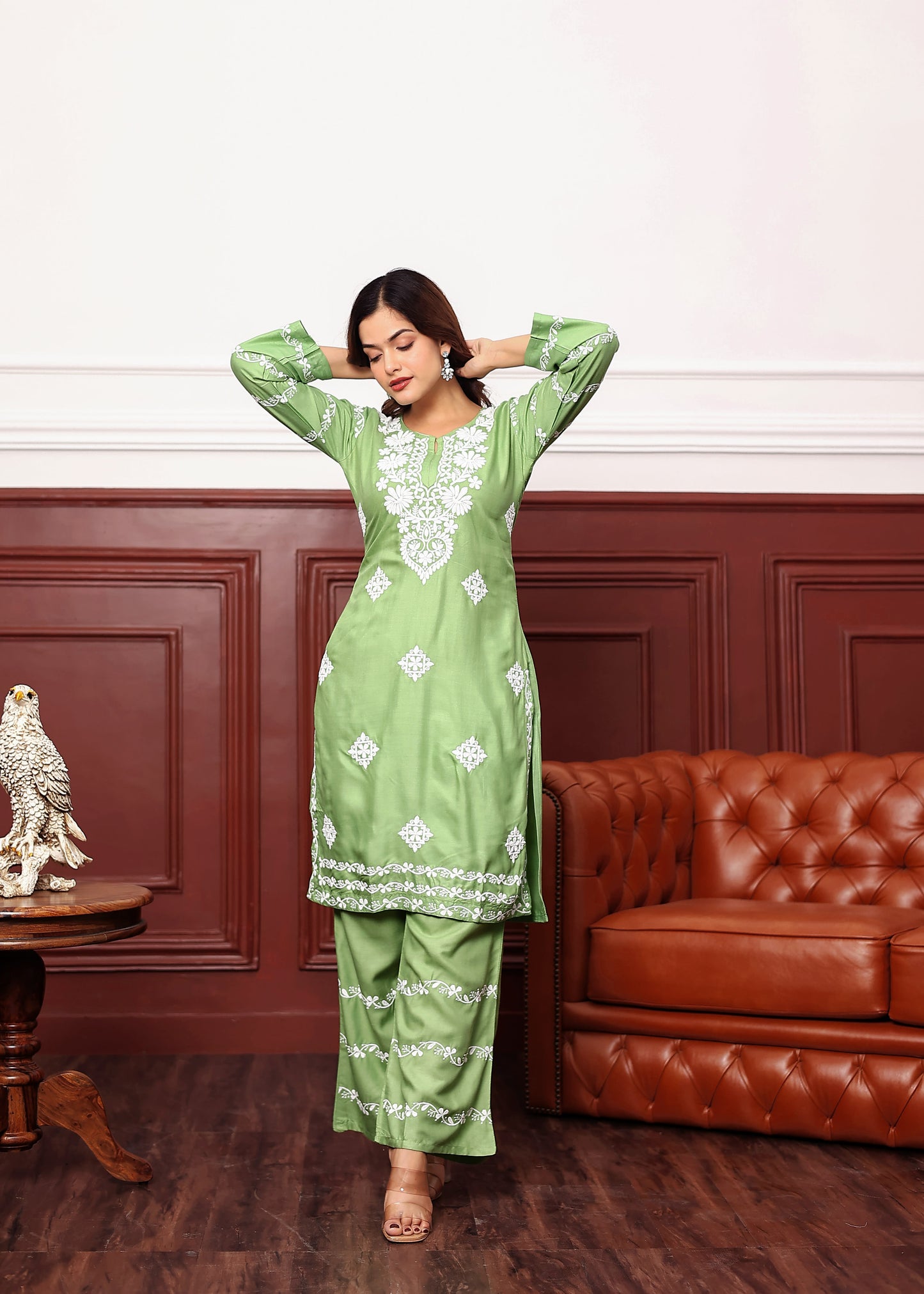 PISTA Women's rayon chikankari work straight kurta palazzo set for women