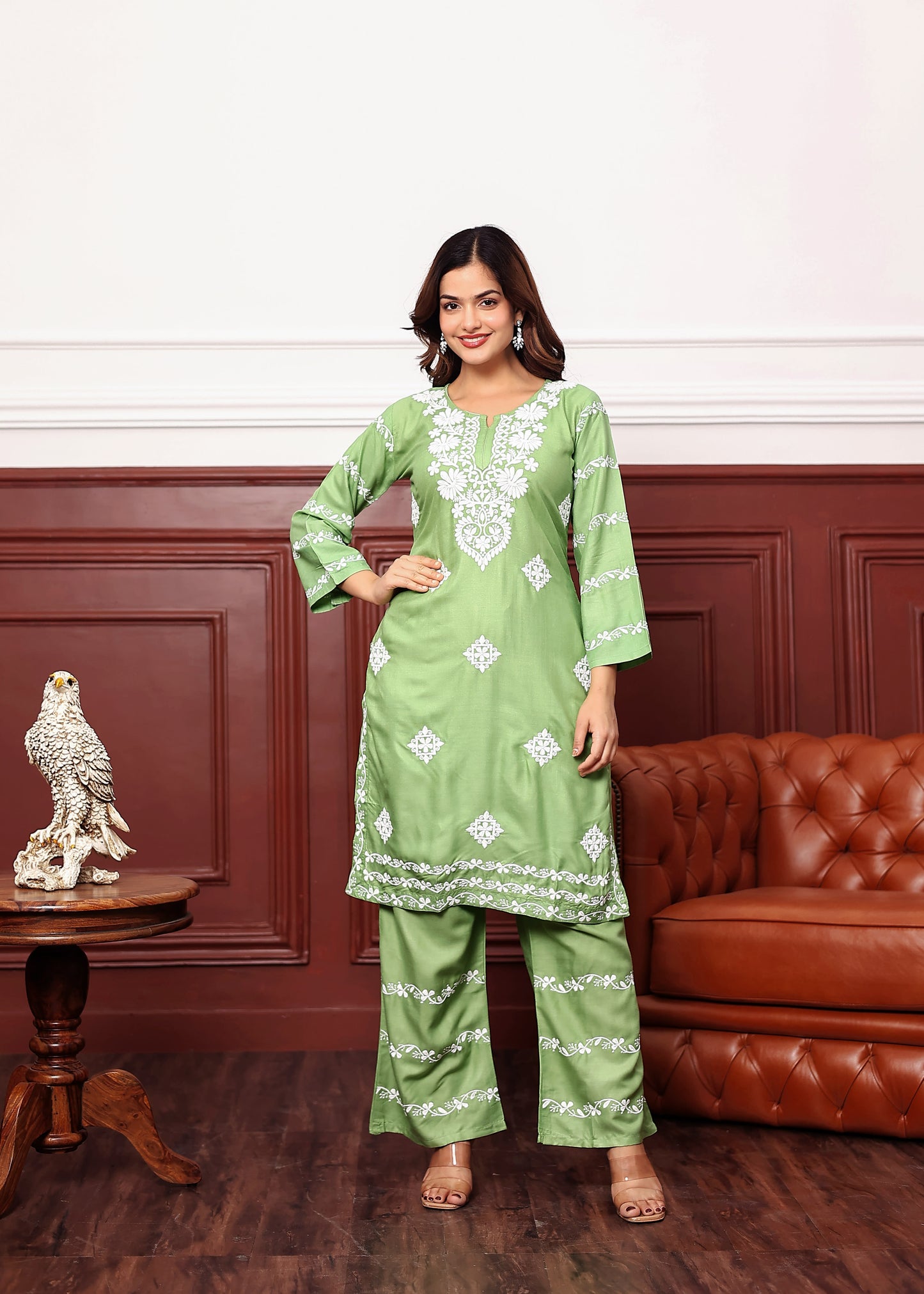 PISTA Women's rayon chikankari work straight kurta palazzo set for women