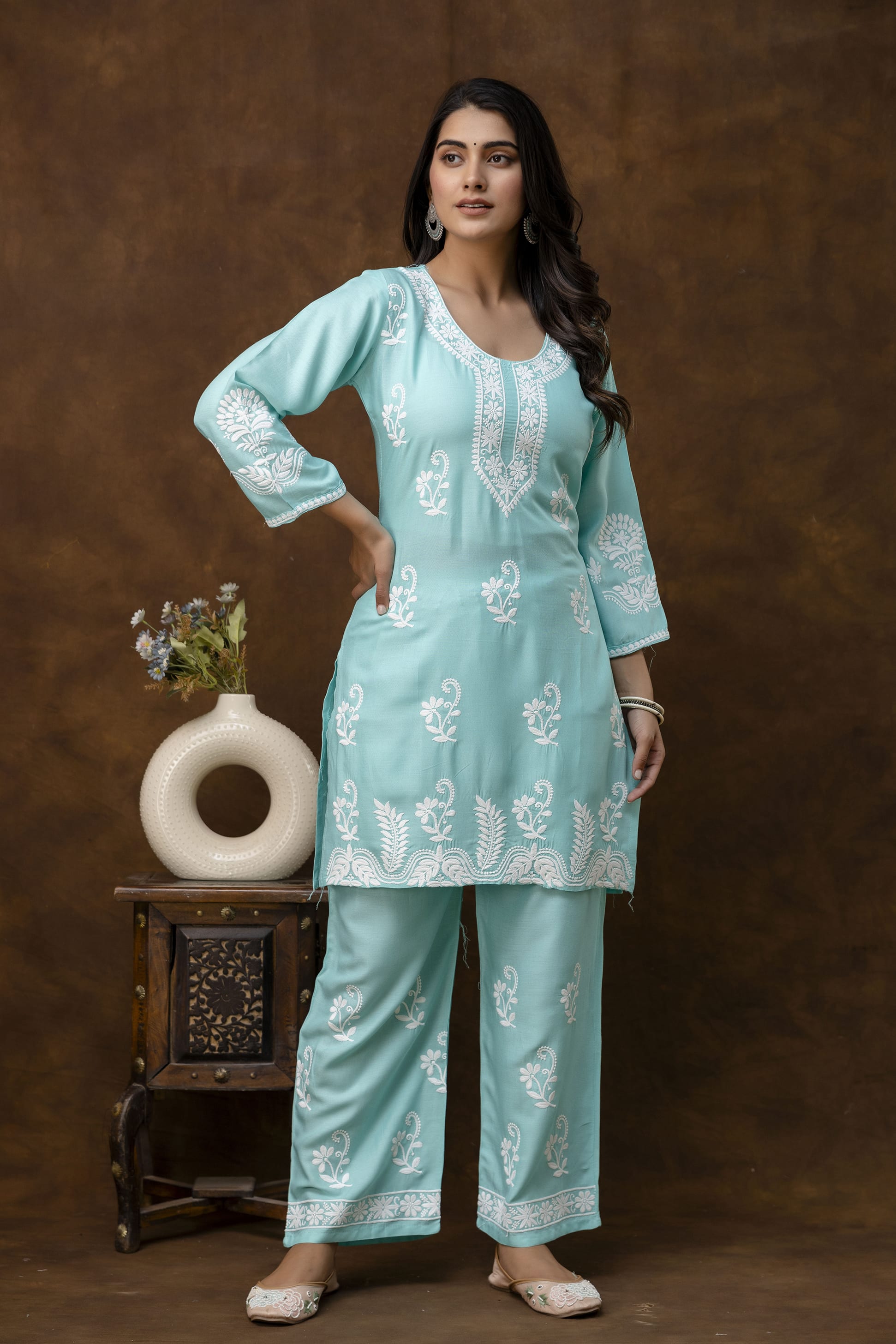 POOL Women Rayon Ethnic Top Plazzo Set