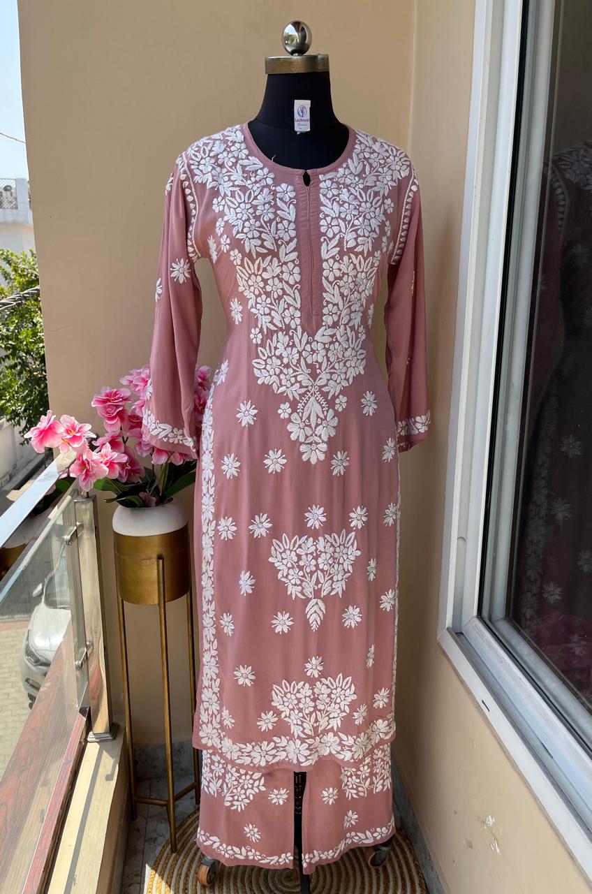 PYAZI Long Chikankari Work Latest Rayon kurti wirh plazo set