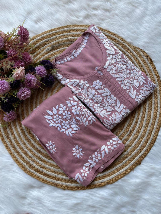 PYAZI Long Chikankari Work Latest Rayon kurti wirh plazo set