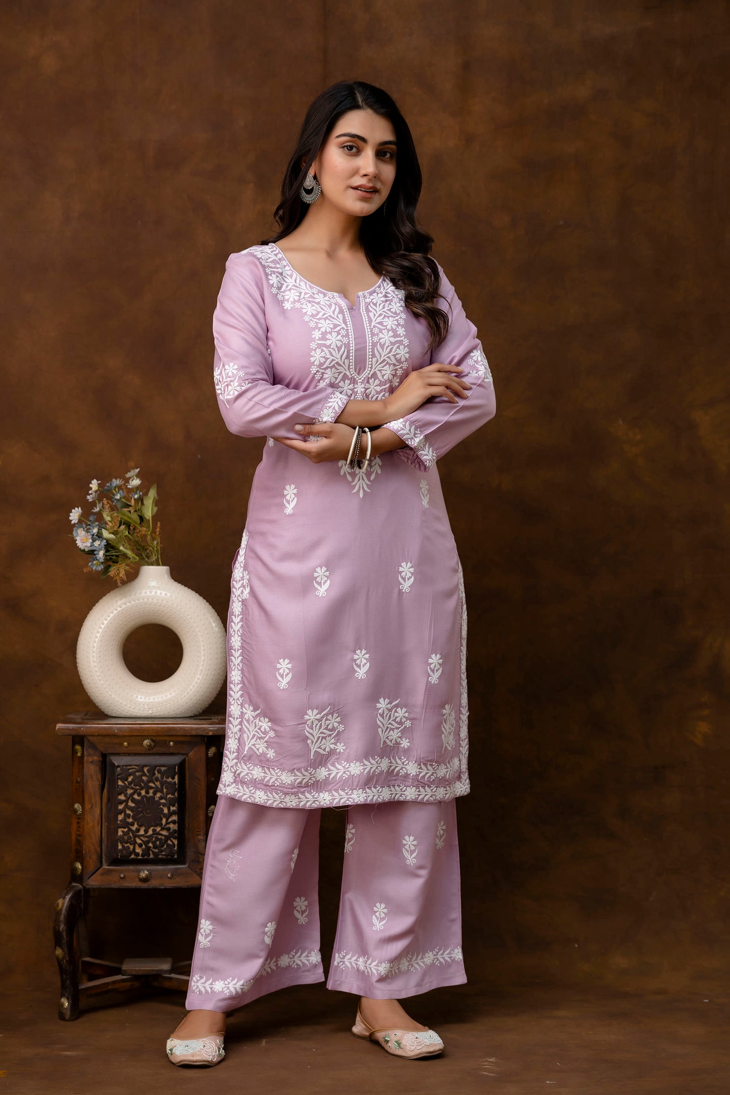 PYAZI Women Embroidered Straight Kurta & Palazzos Set