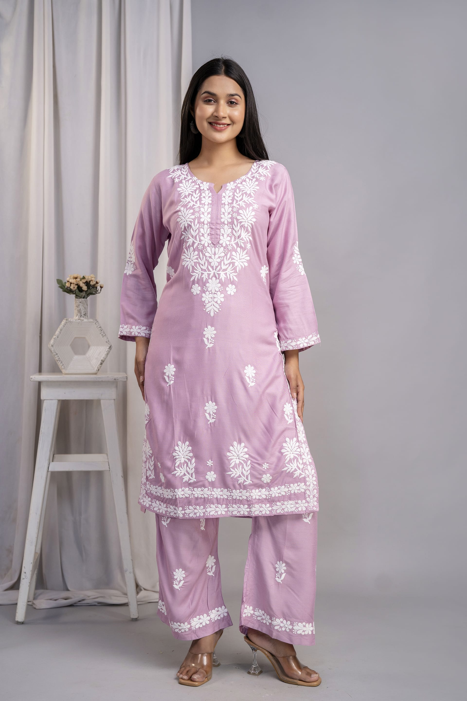 PYAZI Women's Exclusive Kurti & Palazzo Set on Pure Rayon Fabric Chikan Suit