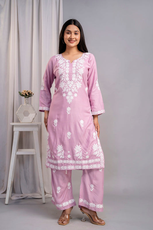 PYAZI Women's Exclusive Kurti & Palazzo Set on Pure Rayon Fabric Chikan Suit