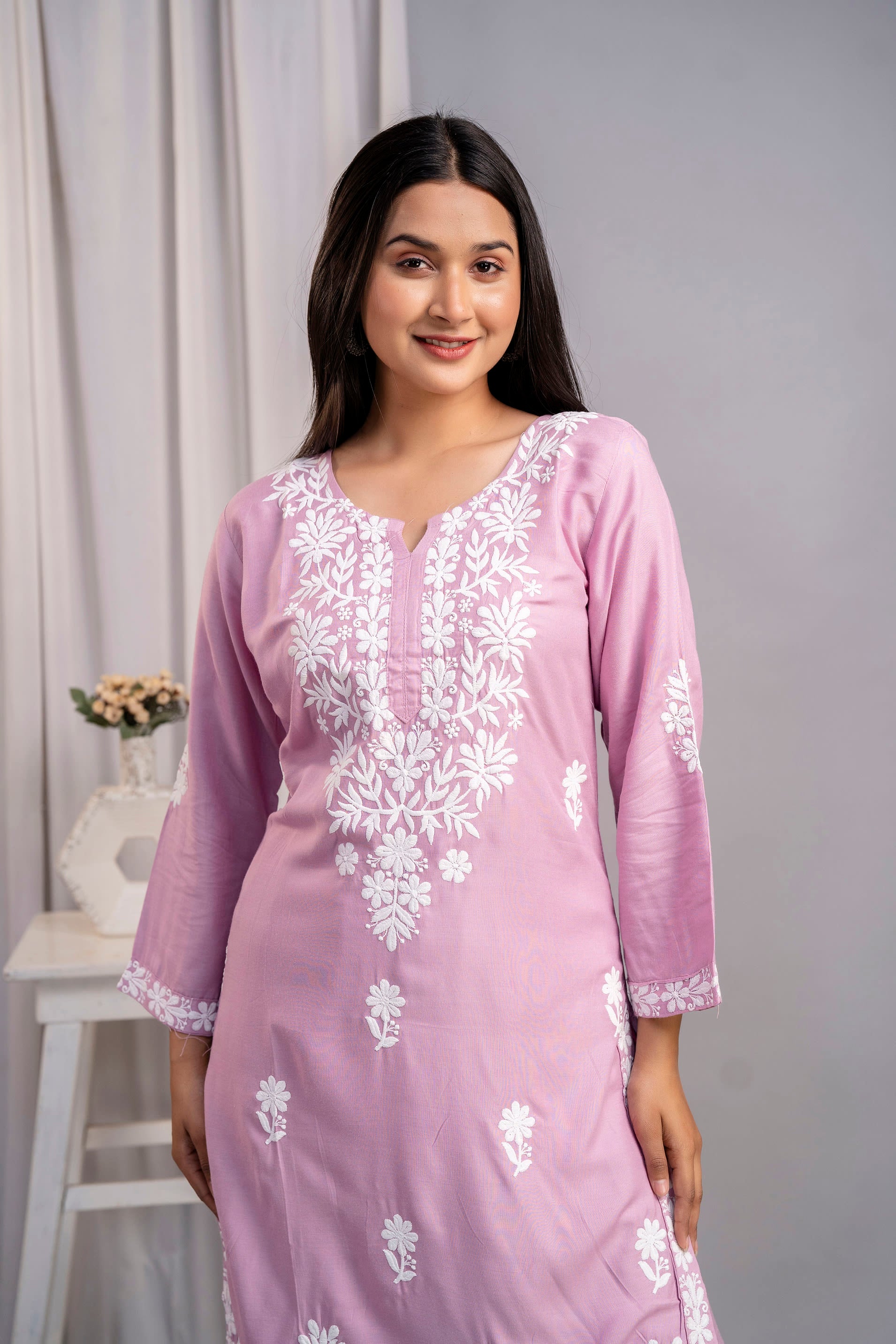 PYAZI Women's Exclusive Kurti & Palazzo Set on Pure Rayon Fabric Chikan Suit