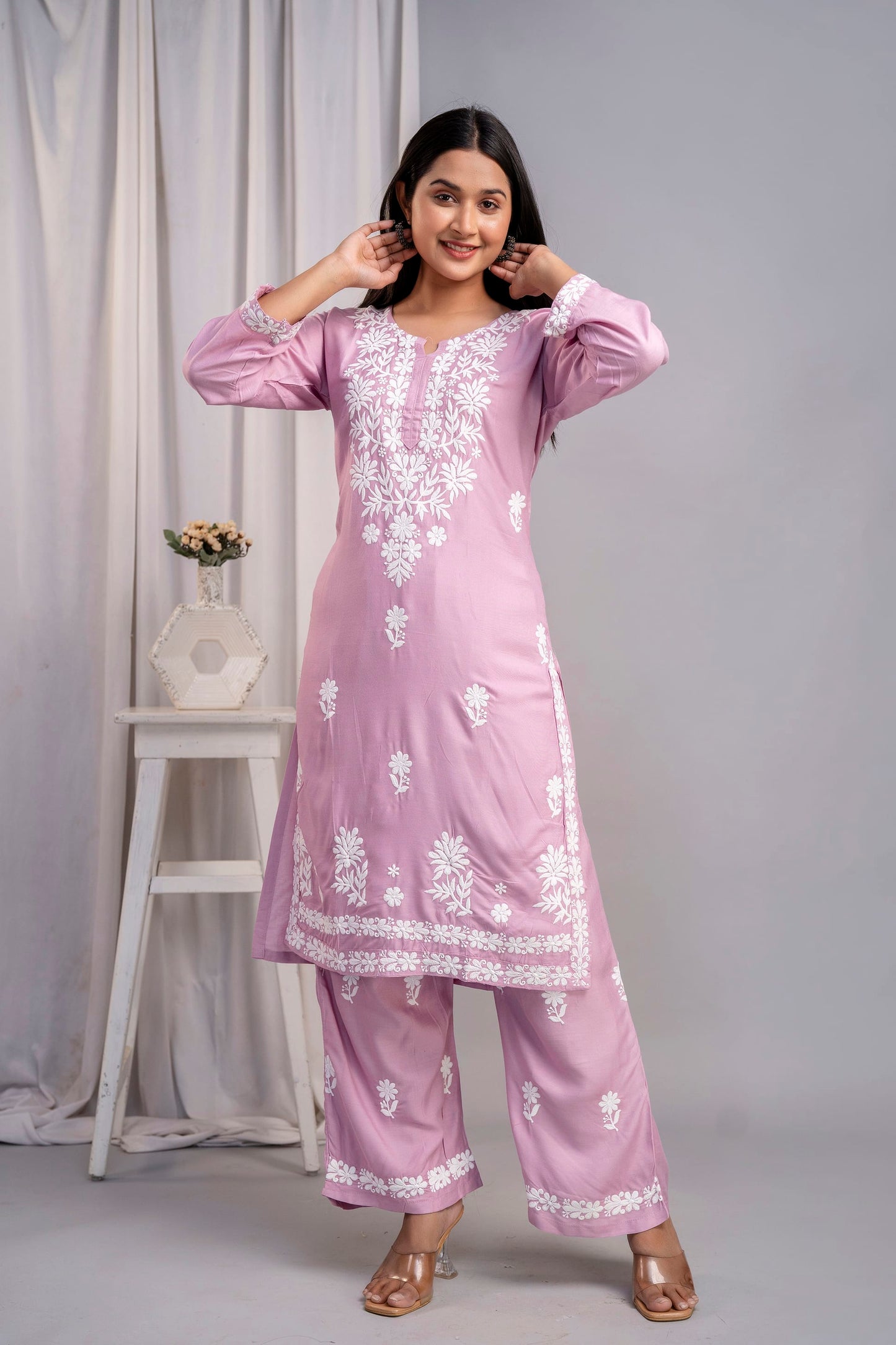 PYAZI Women's Exclusive Kurti & Palazzo Set on Pure Rayon Fabric Chikan Suit