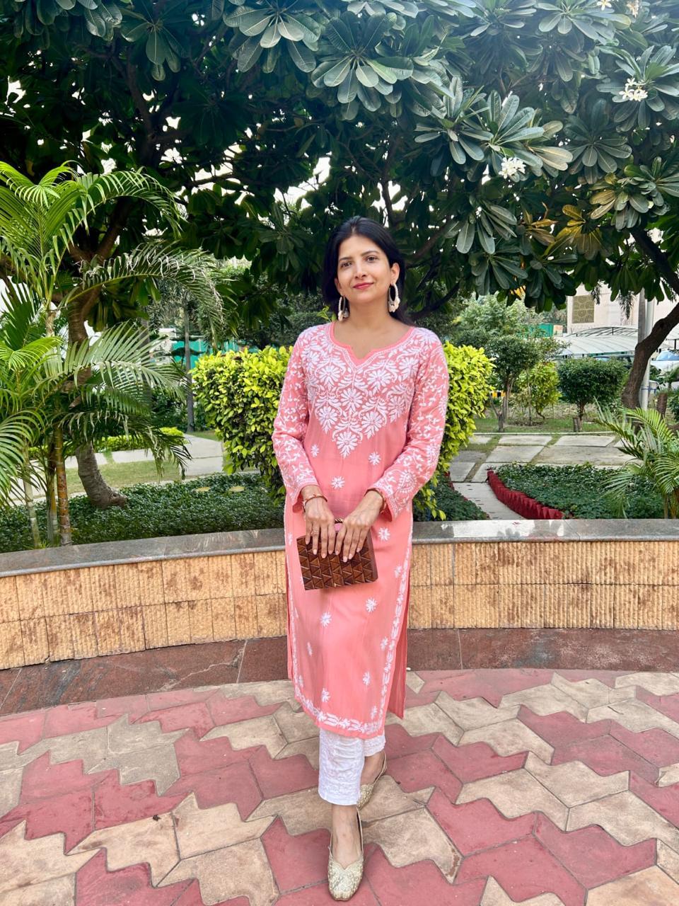 Peach Chikankari Work Cotton Thread Rayon Palazo Kurtis