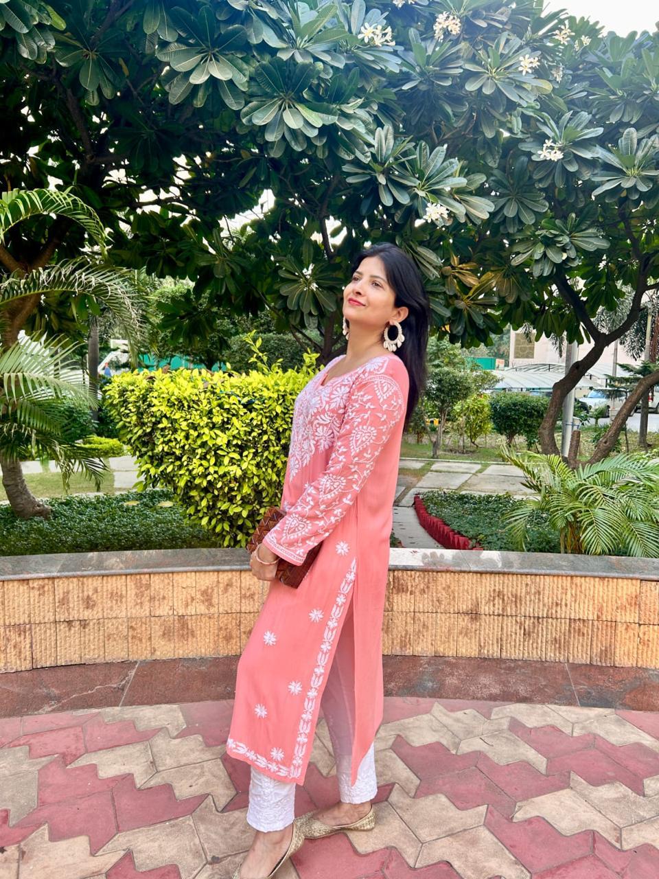 Peach Chikankari Work Cotton Thread Rayon Palazo Kurtis