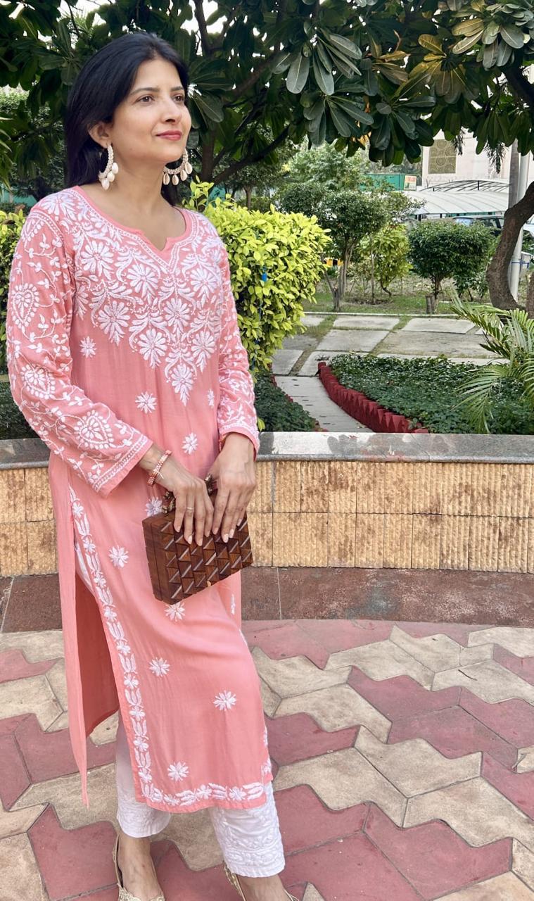 Peach Chikankari Work Cotton Thread Rayon Palazo Kurtis