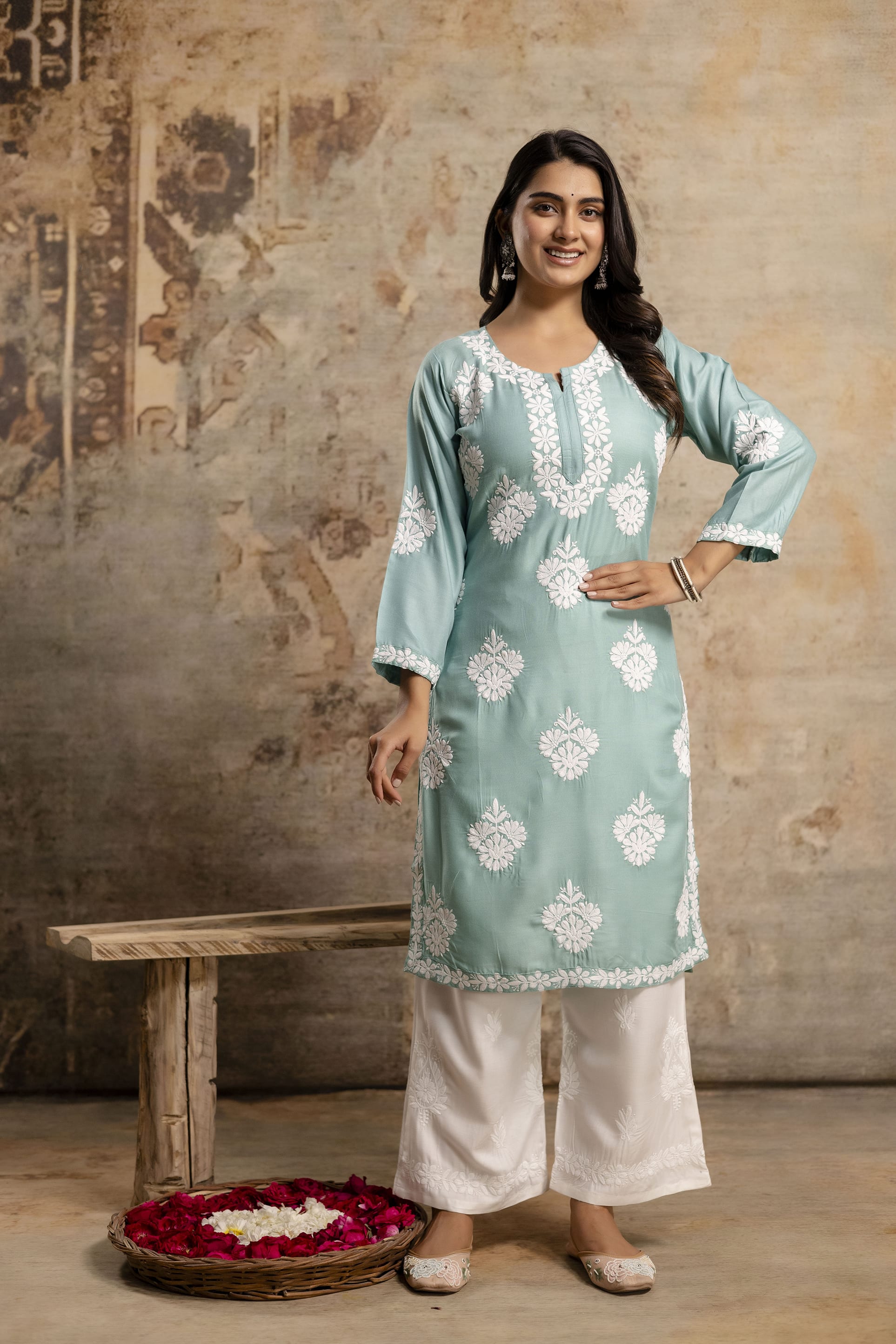 RAMA GREEN Floral Embroidered Round Neck Chikankari Straight Kurta with Palazzos