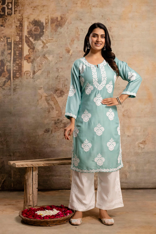 RAMA GREEN Floral Embroidered Round Neck Chikankari Straight Kurta with Palazzos