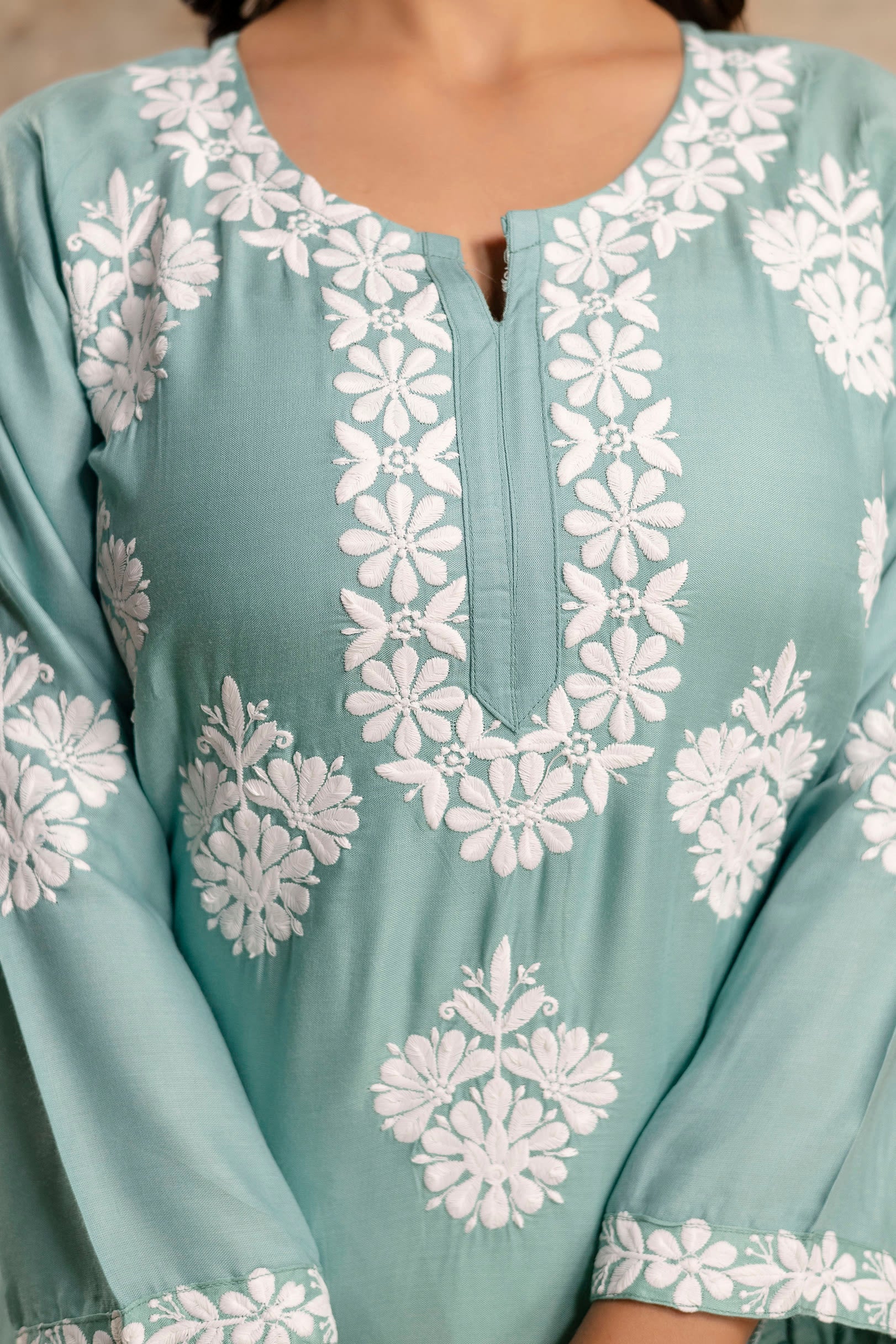 RAMA GREEN Floral Embroidered Round Neck Chikankari Straight Kurta with Palazzos